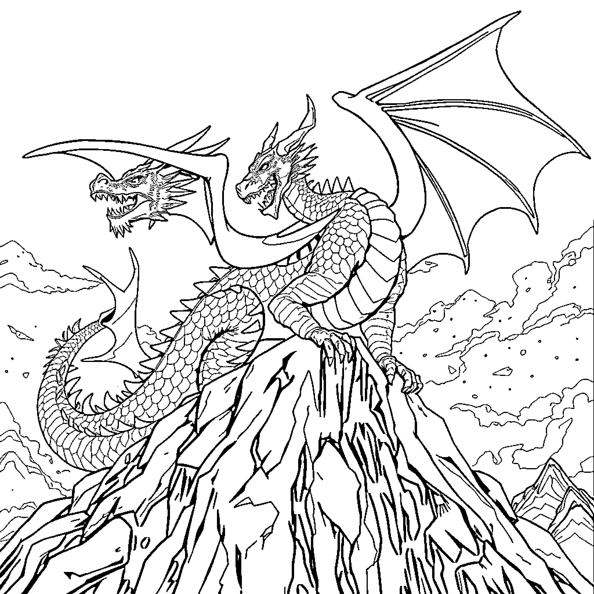 Dragonking unleashing mighty roar on rugged mountain peak Coloring Page (free black-and-white line drawing printable PDF for all, from beginners to advanced learners, including children, teens, adults, and seniors)