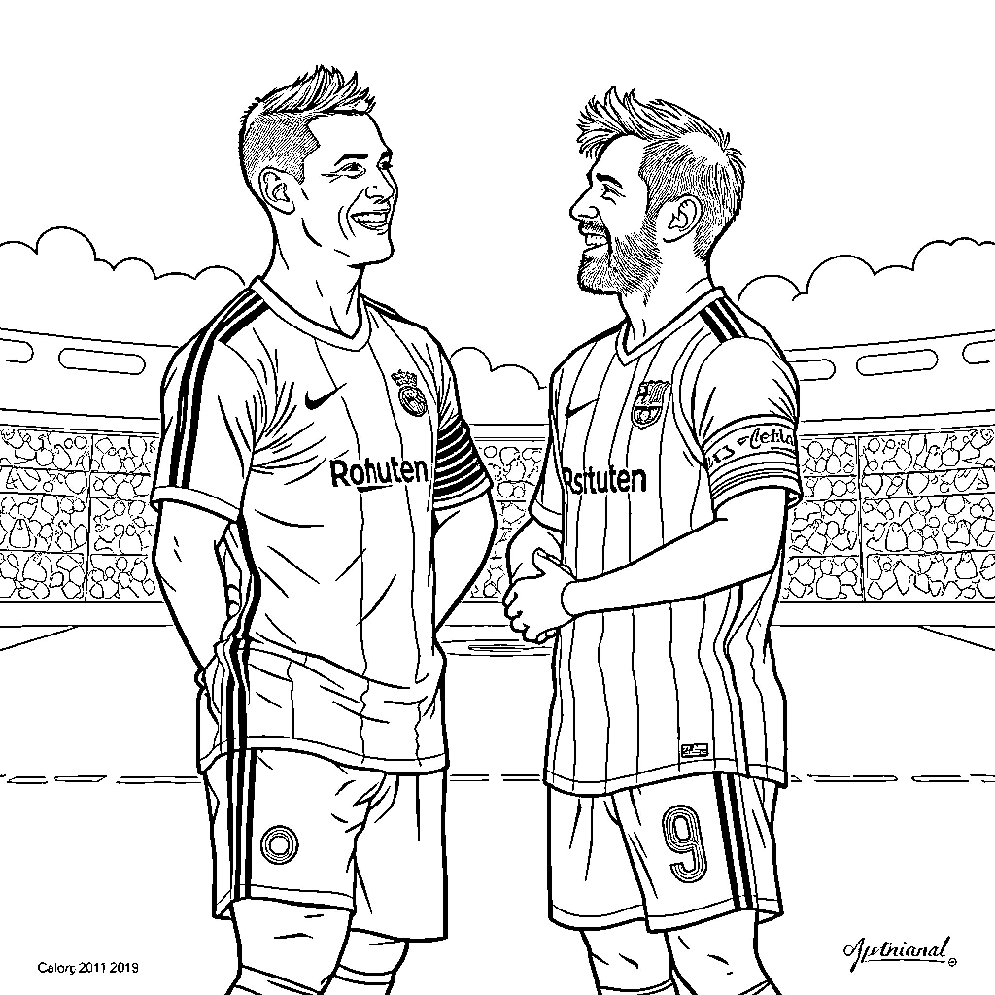 Cristiano Ronaldo and Lionel Messi Shaking Hands on the Pitch Coloring Page (free black-and-white line drawing printable PDF for all, from beginners to advanced learners, including children, teens, adults, and seniors)