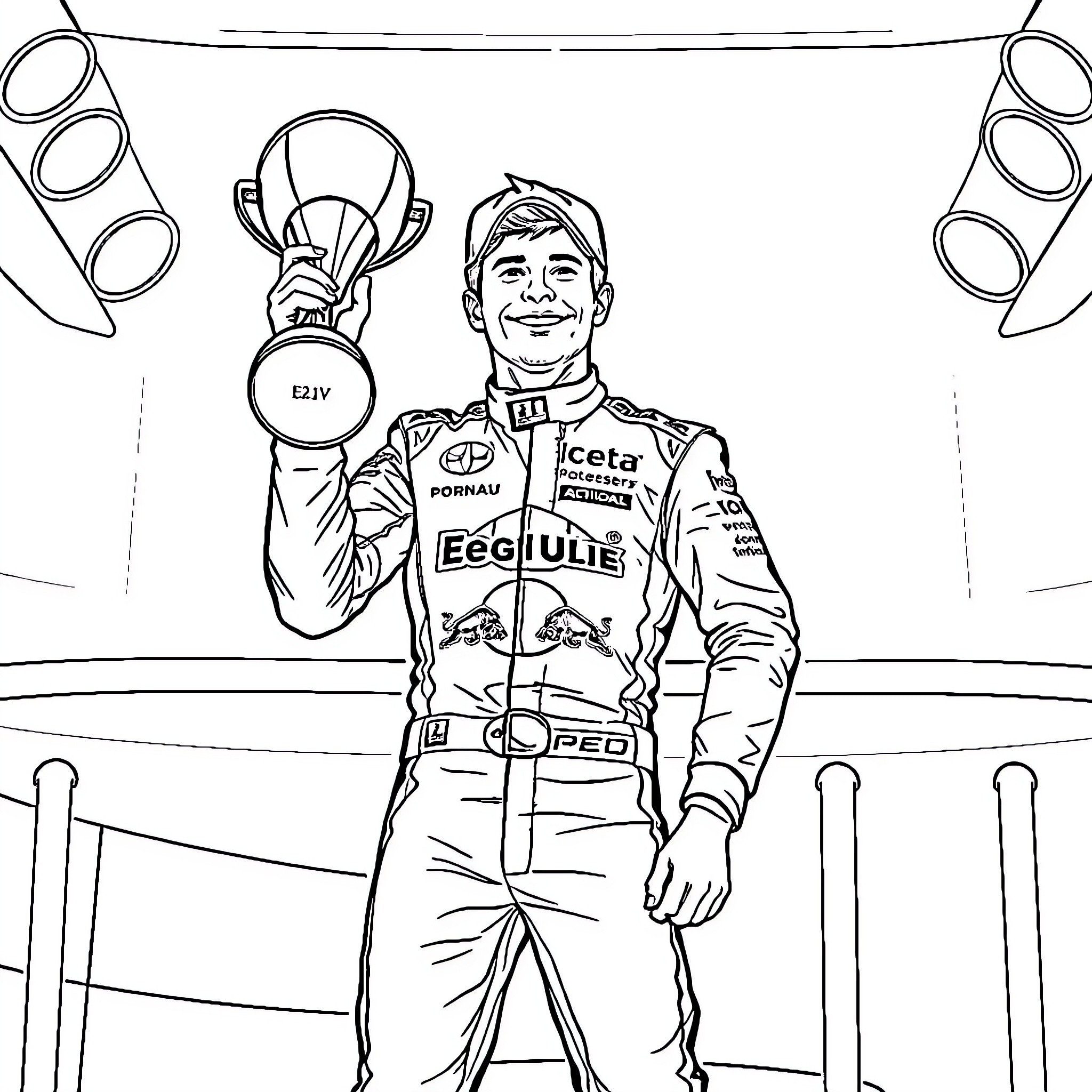 Formula 1 Race Driver Celebrating Championship Win Coloring Page (free black-and-white line drawing printable PDF for all, from beginners to advanced learners, including children, teens, adults, and seniors)