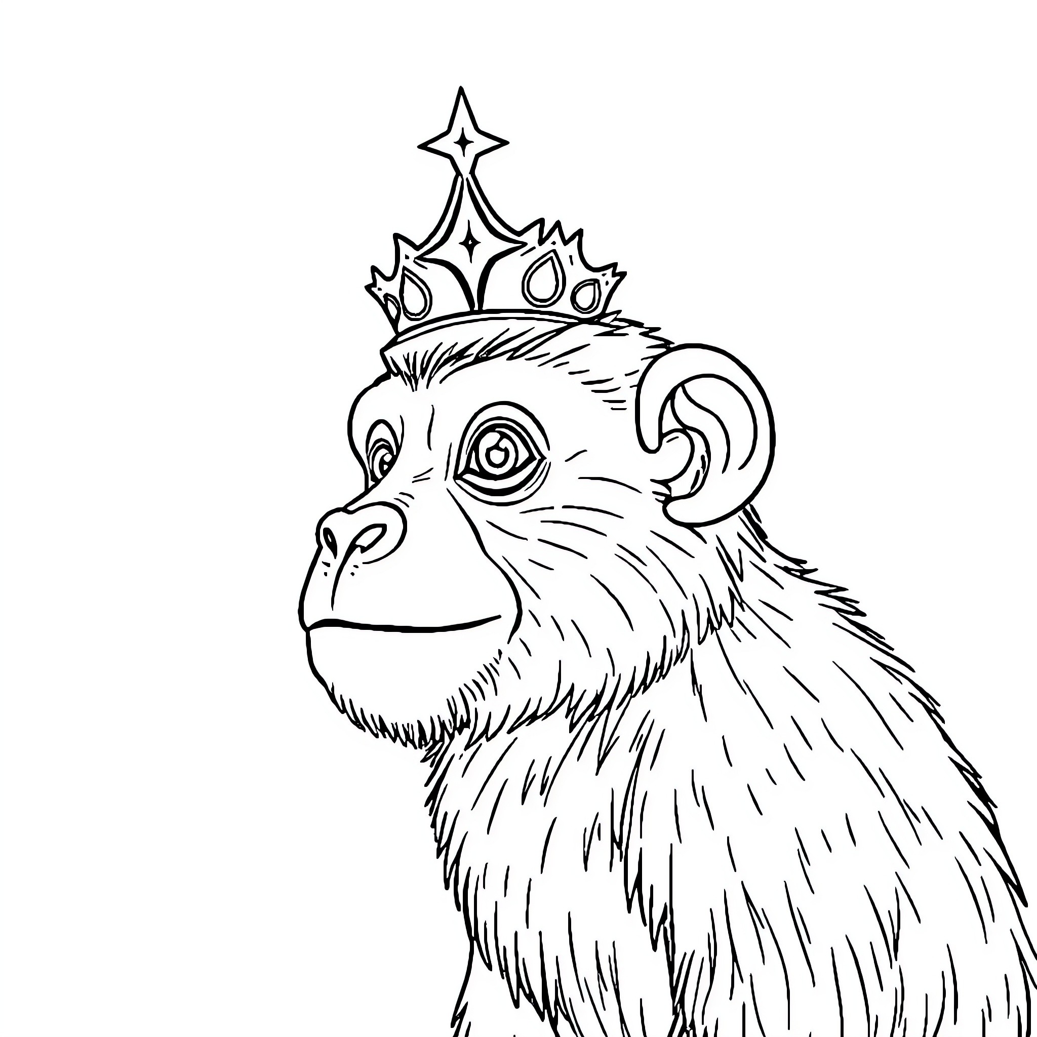 Monkey wearing a crown with sparkling stars Coloring Page (free black-and-white line drawing printable PDF for all, from beginners to advanced learners, including children, teens, adults, and seniors)