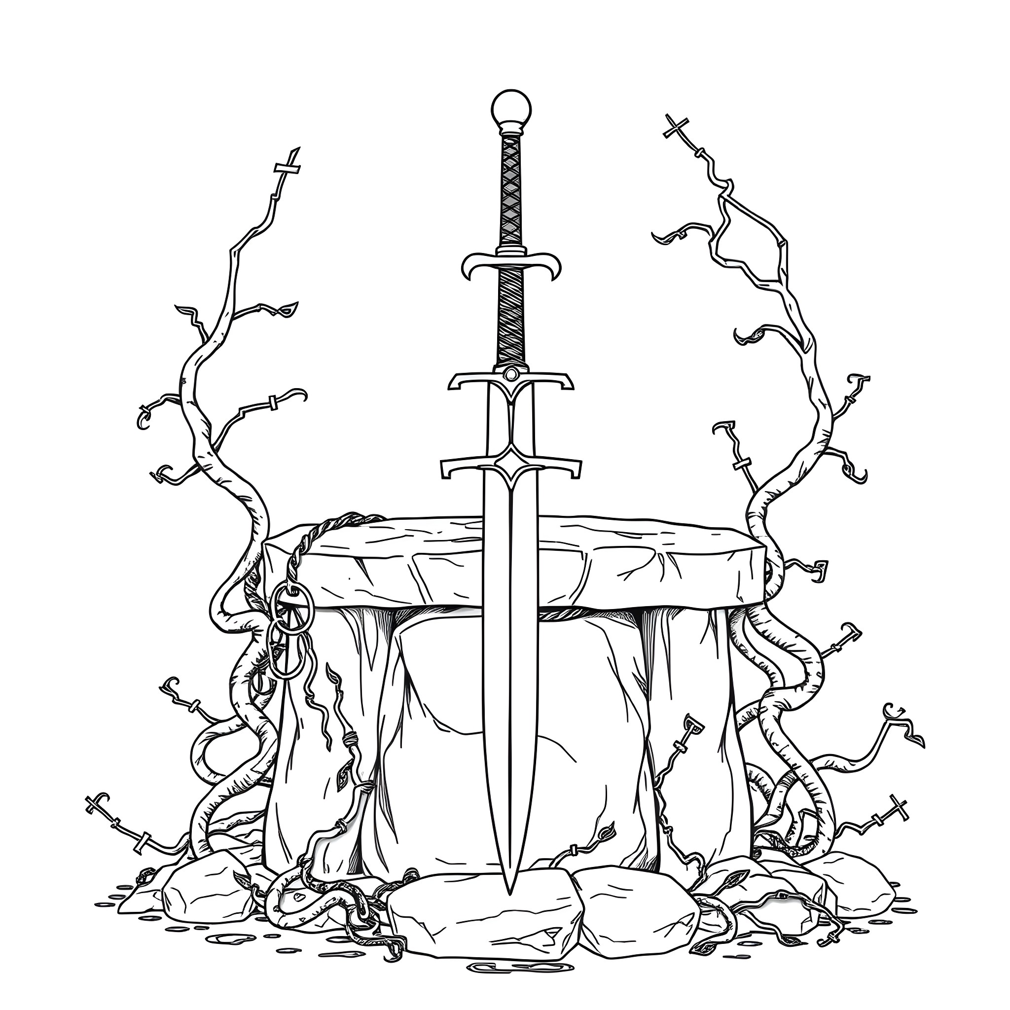 Sword Embedded in Mysterious Ruins Coloring Page (free black-and-white line drawing printable PDF for all, from beginners to advanced learners, including children, teens, adults, and seniors)