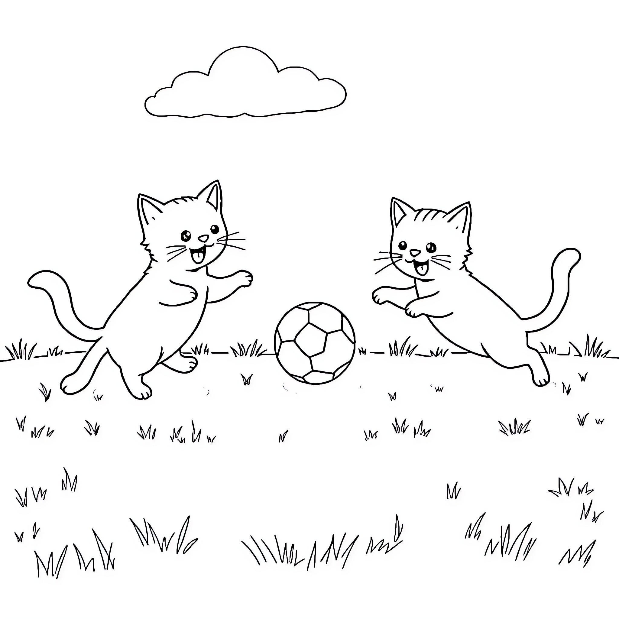 Cat friends playing with a soccer ball Coloring Page (free black-and-white line drawing printable PDF for all, from beginners to advanced learners, including children, teens, adults, and seniors)