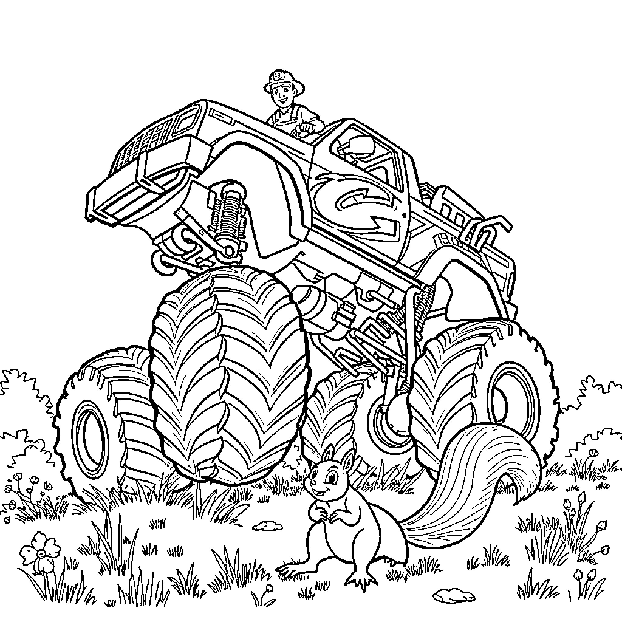 Fireman driving massive utility vehicle in nature Coloring Page (free black-and-white line drawing printable PDF for all, from beginners to advanced learners, including children, teens, adults, and seniors)