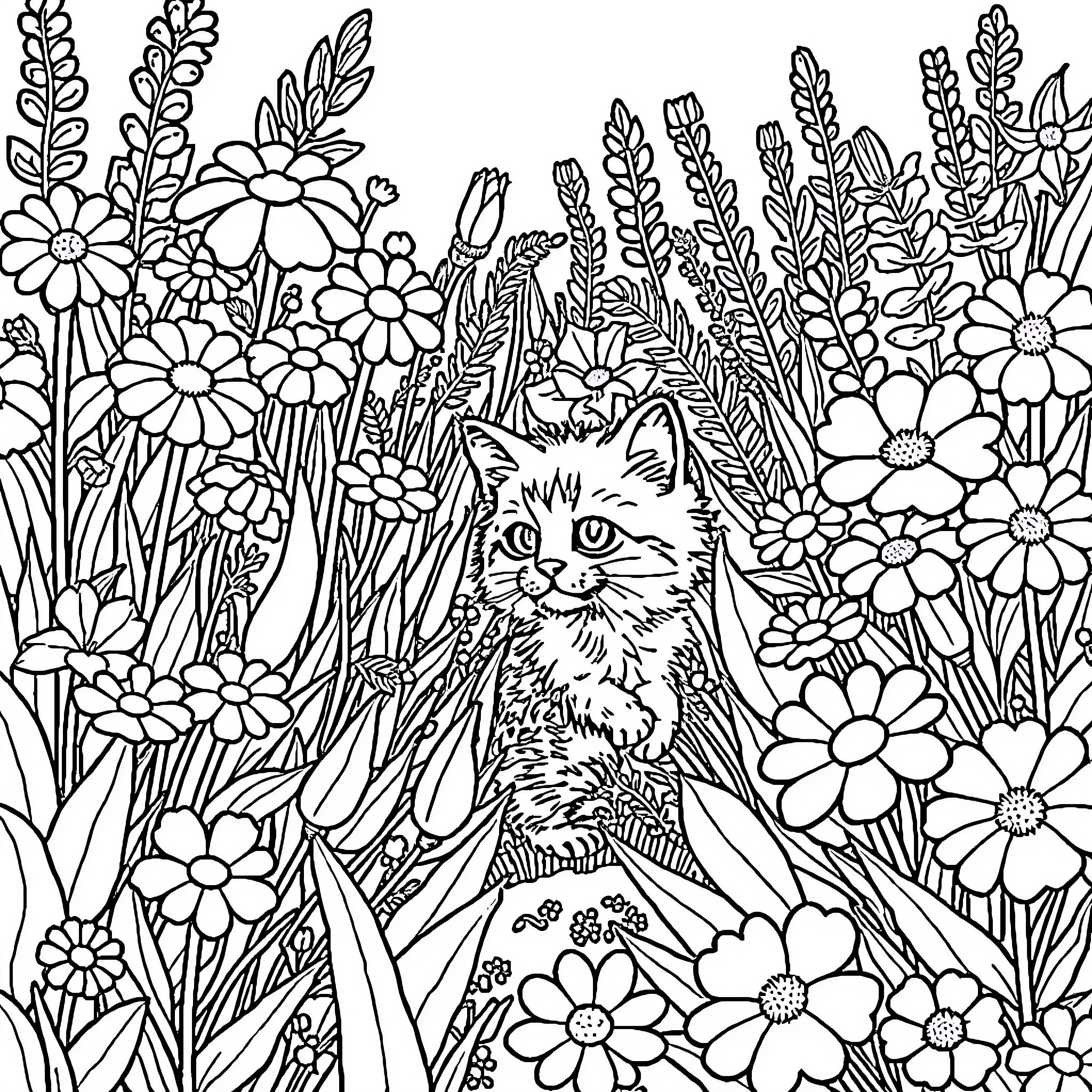 Cat in a Floral Field Coloring Page (free black-and-white line drawing printable PDF for all, from beginners to advanced learners, including children, teens, adults, and seniors)