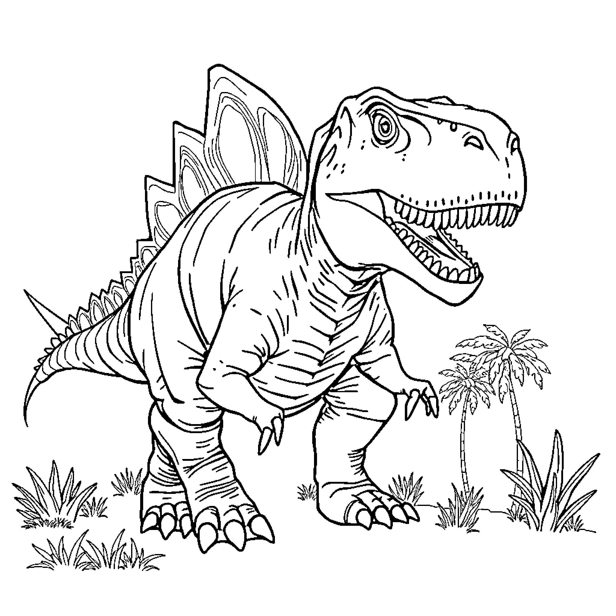 Tyrannosaurus roaring in prehistoric landscape Coloring Page (free black-and-white line drawing printable PDF for all, from beginners to advanced learners, including children, teens, adults, and seniors)