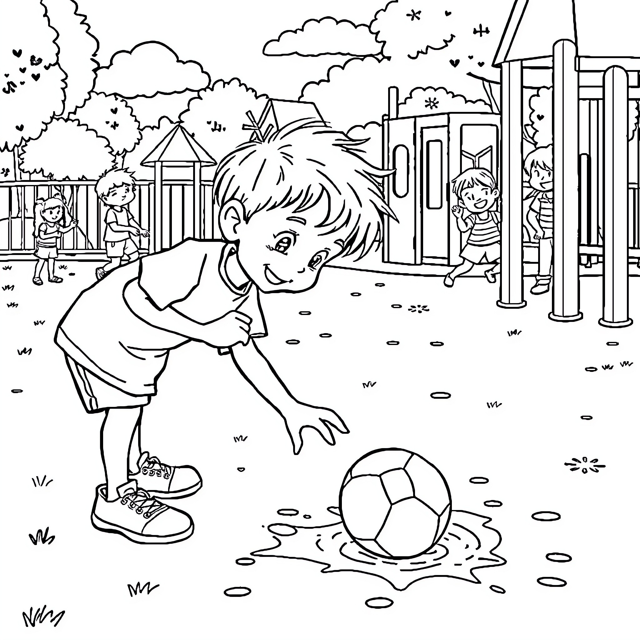 Boy playing with soccer ball on playground Coloring Page (free black-and-white line drawing printable PDF for all, from beginners to advanced learners, including children, teens, adults, and seniors)