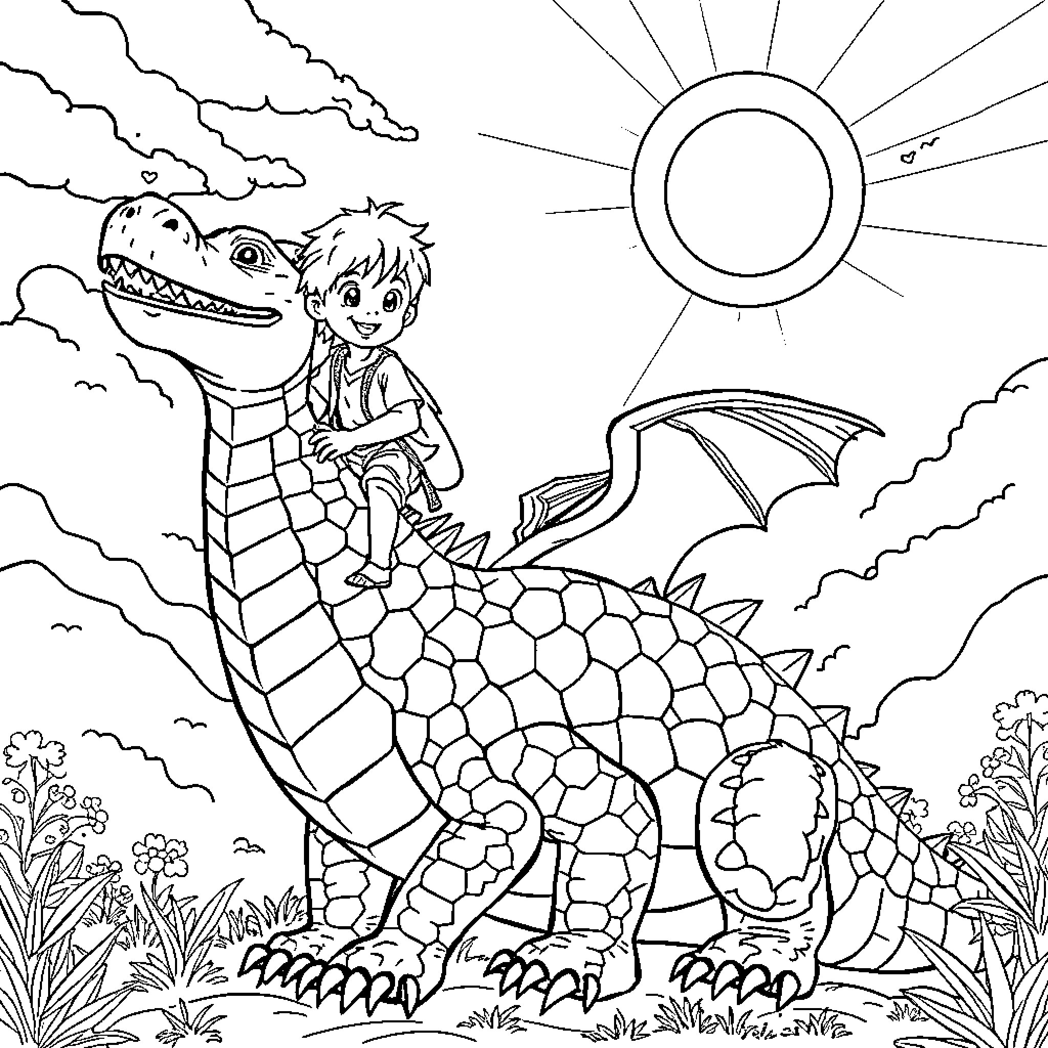 Boy riding a playful dragon in a sunny landscape Coloring Page (free black-and-white line drawing printable PDF for all, from beginners to advanced learners, including children, teens, adults, and seniors)