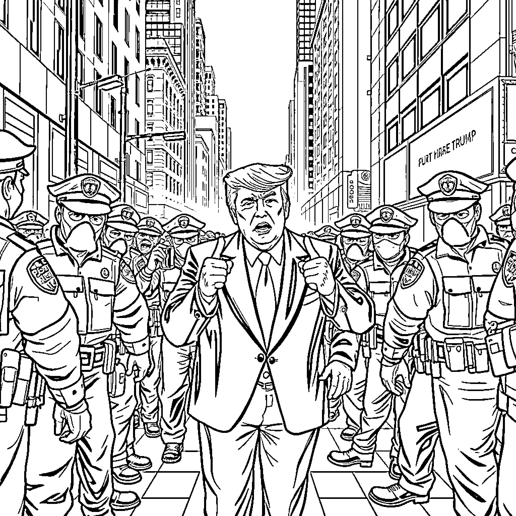 Donald Trump Surrounded by Police Officers in a City Scene Coloring Page (free black-and-white line drawing printable PDF for all, from beginners to advanced learners, including children, teens, adults, and seniors)