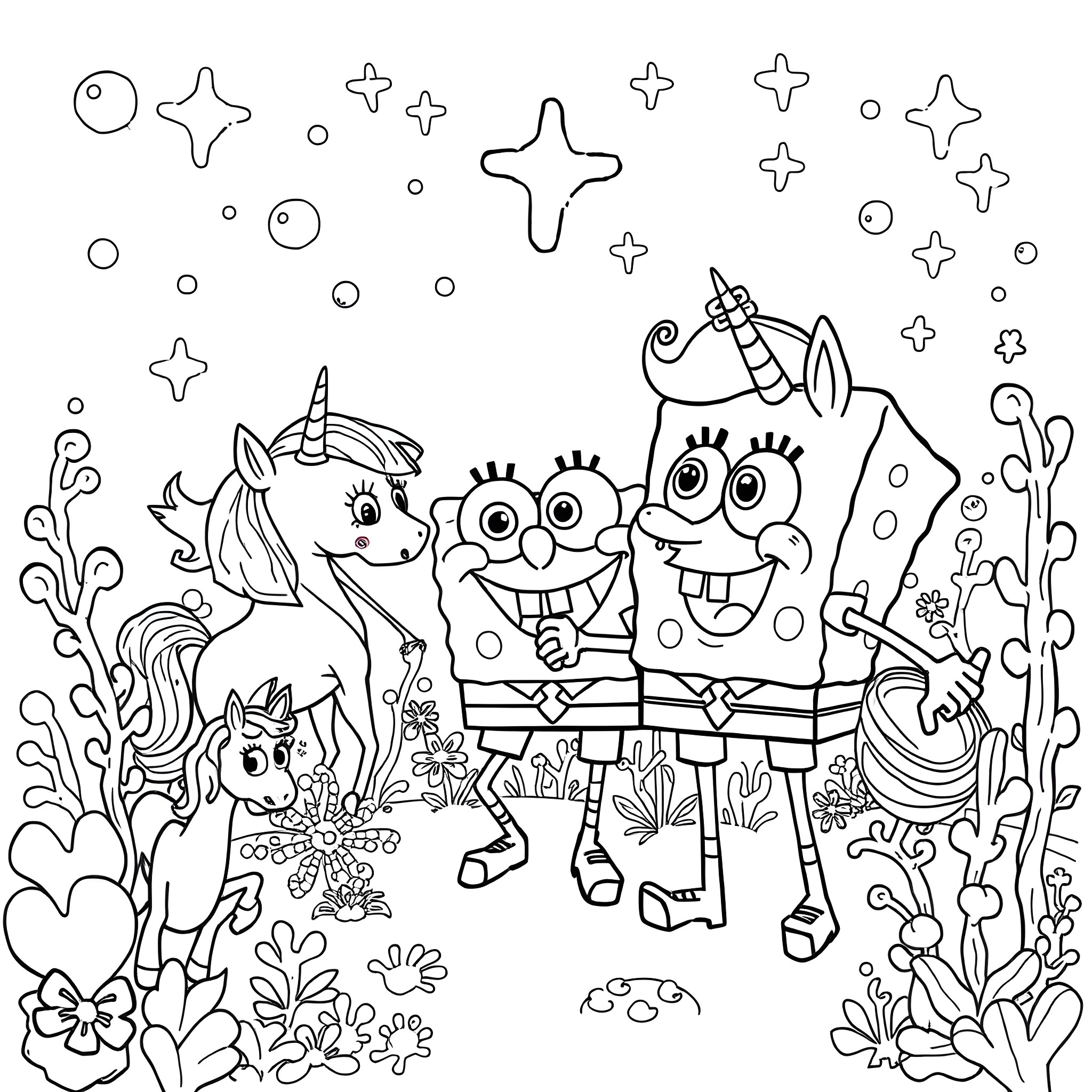 Spongebob and friends in a magical underwater scene Coloring Page (free black-and-white line drawing printable PDF for all, from beginners to advanced learners, including children, teens, adults, and seniors)