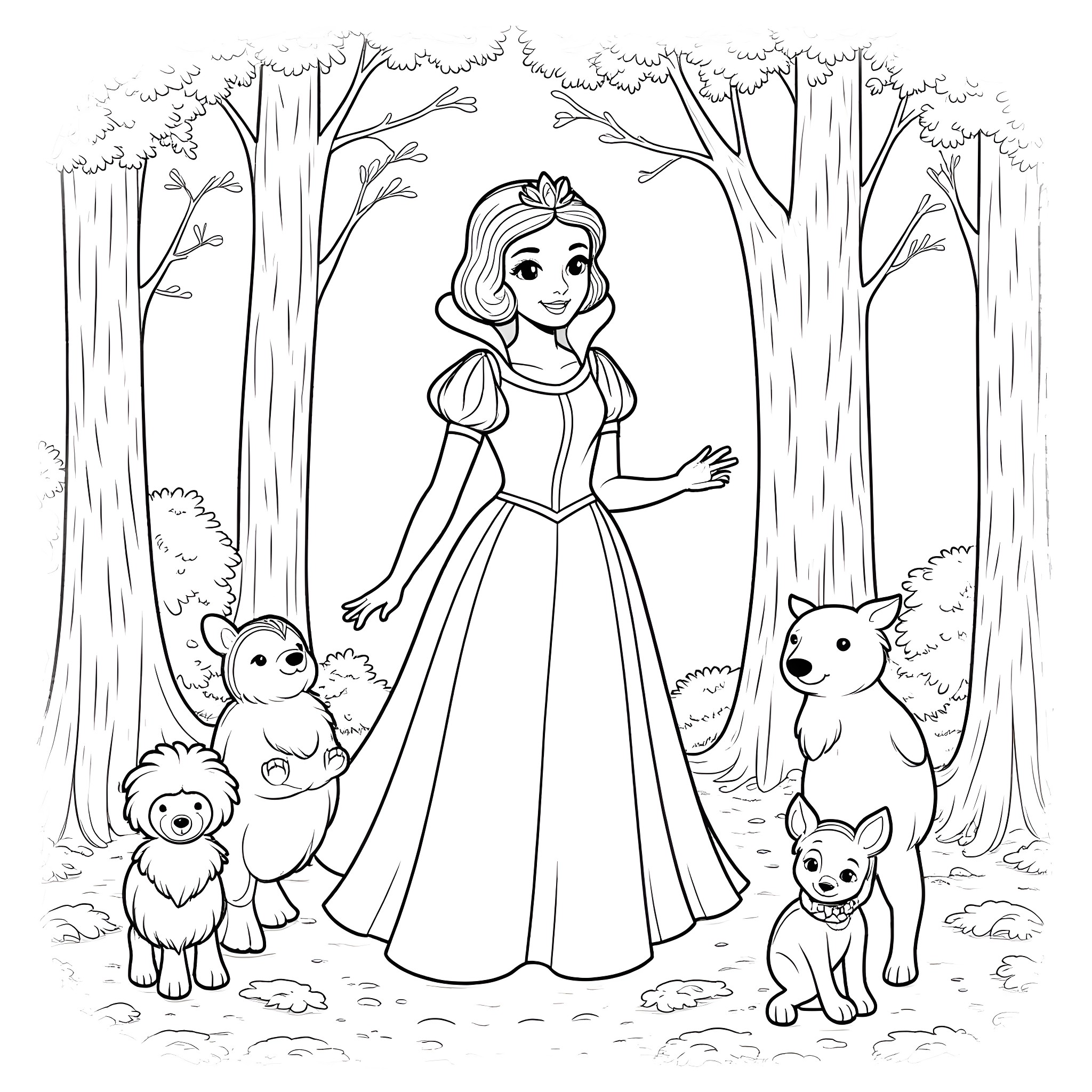 Snow White strolling through the enchanted forest with woodland animals Coloring Page (free black-and-white line drawing printable PDF for all, from beginners to advanced learners, including children, teens, adults, and seniors)