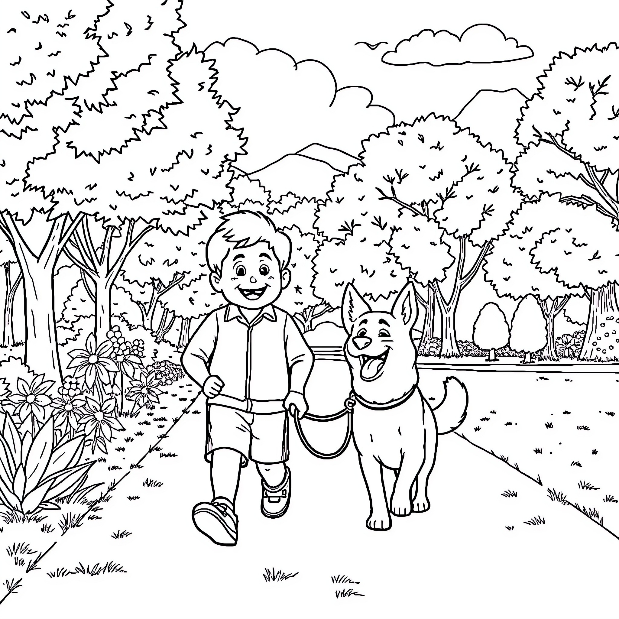 Chocho and his joyful stroll with his canine companion Coloring Page (free black-and-white line drawing printable PDF for all, from beginners to advanced learners, including children, teens, adults, and seniors)