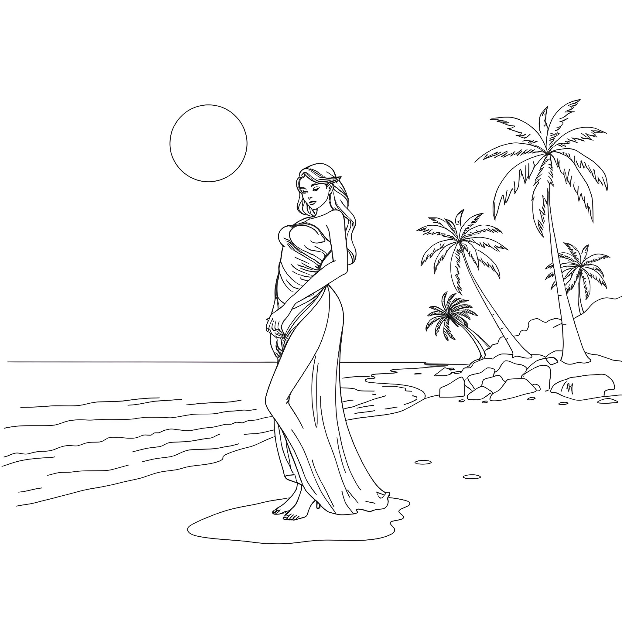 Leia walking on a tropical beach Coloring Page (free black-and-white line drawing printable PDF for all, from beginners to advanced learners, including children, teens, adults, and seniors)