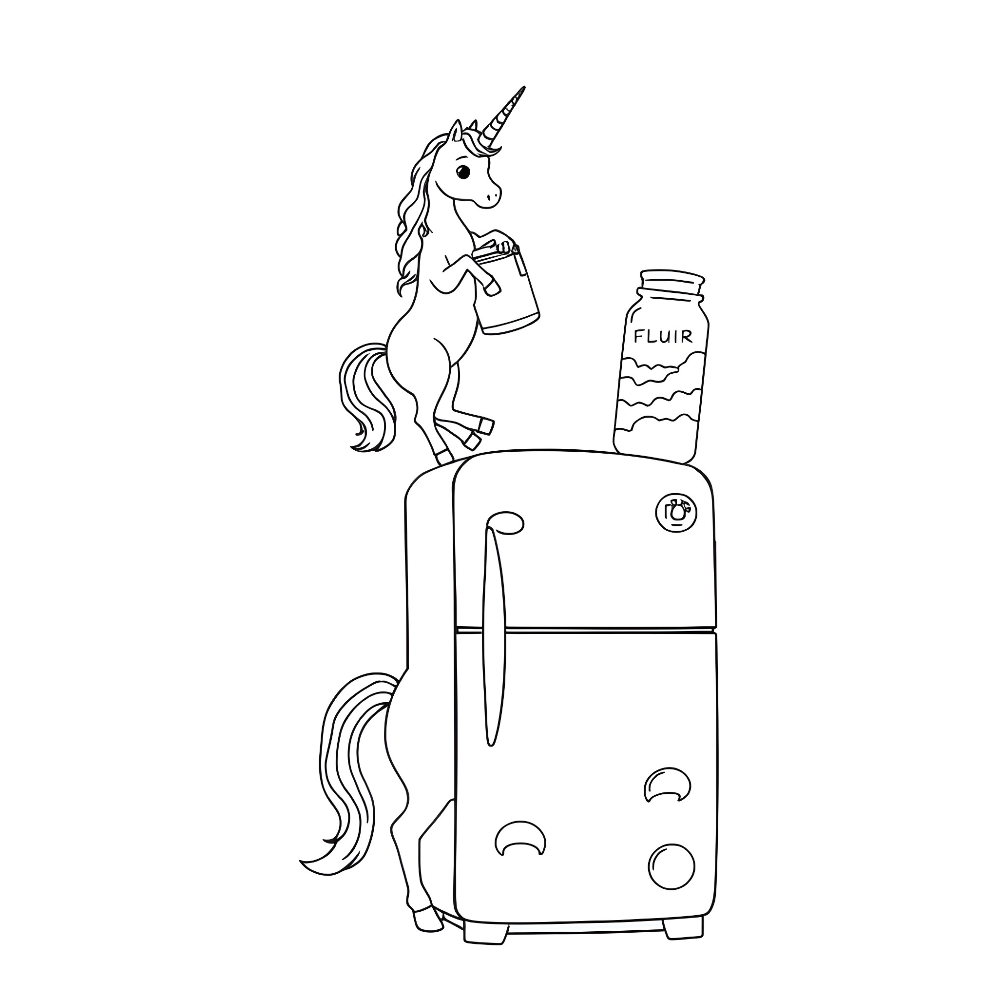 Unicorn standing on a magical refrigerator Coloring Page (free black-and-white line drawing printable PDF for all, from beginners to advanced learners, including children, teens, adults, and seniors)