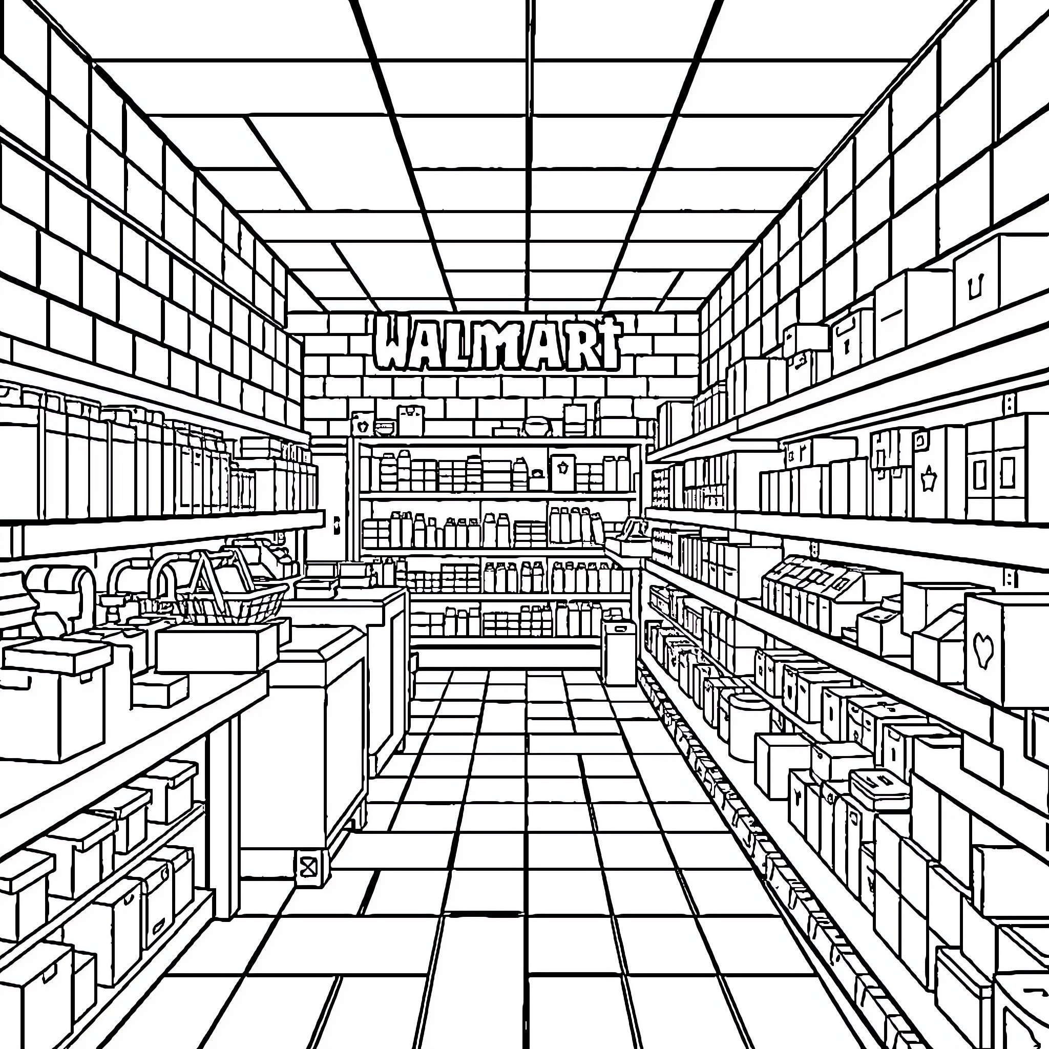 Minecraft Walmart store interior with shelves and products Coloring Page (free black-and-white line drawing printable PDF for all, from beginners to advanced learners, including children, teens, adults, and seniors)