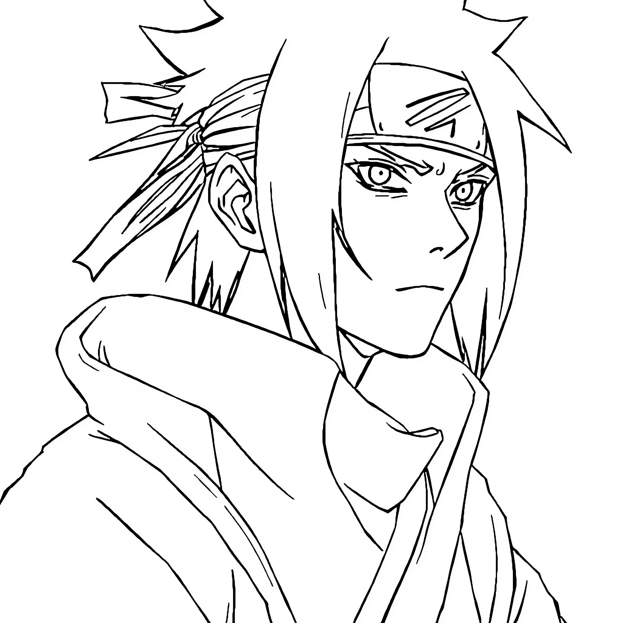 Sasuke's Intense Gaze and Ninja Attire Coloring Page (free black-and-white line drawing printable PDF for all, from beginners to advanced learners, including children, teens, adults, and seniors)