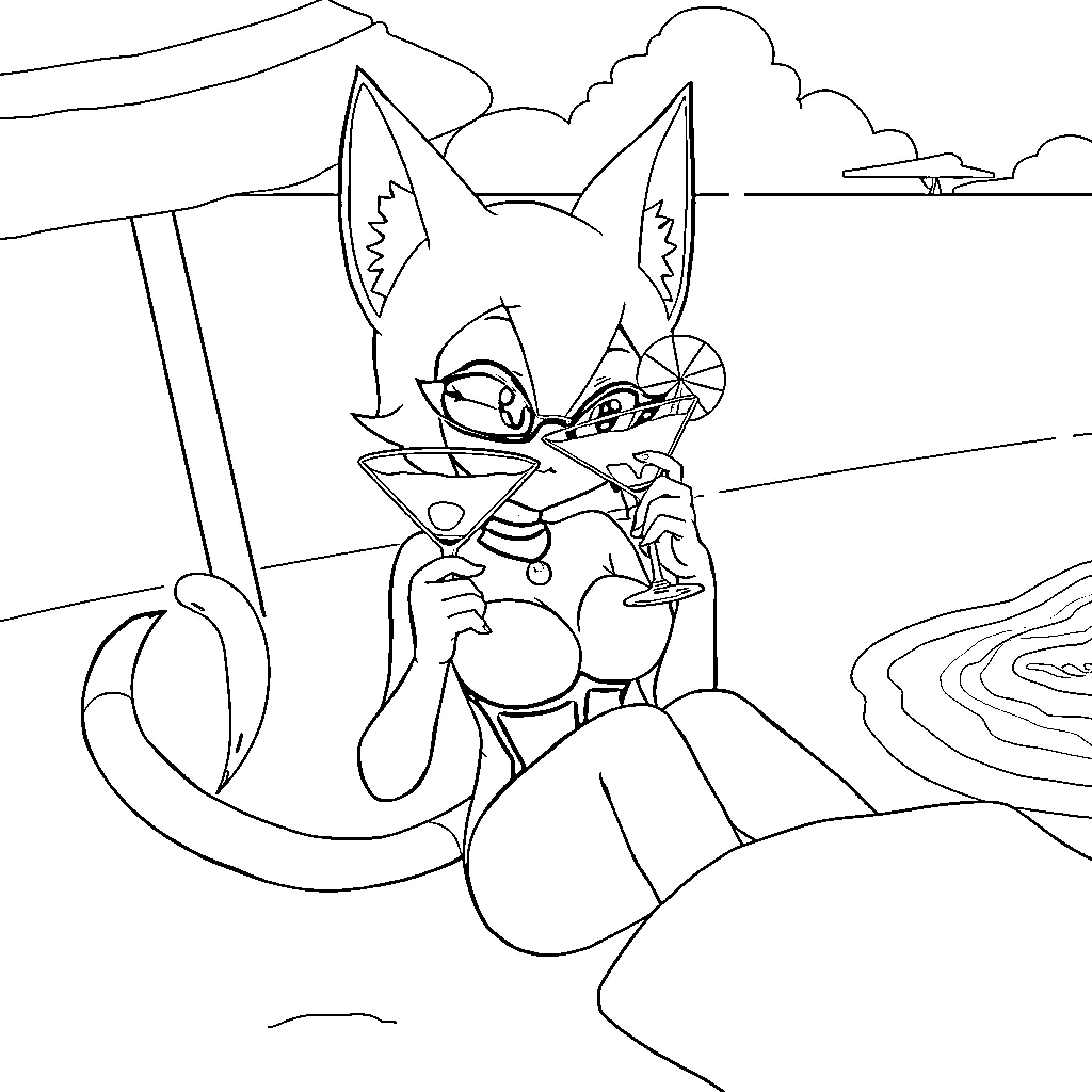 Morgana the mischievous fox enjoying a refreshing drink Coloring Page (free black-and-white line drawing printable PDF for all, from beginners to advanced learners, including children, teens, adults, and seniors)