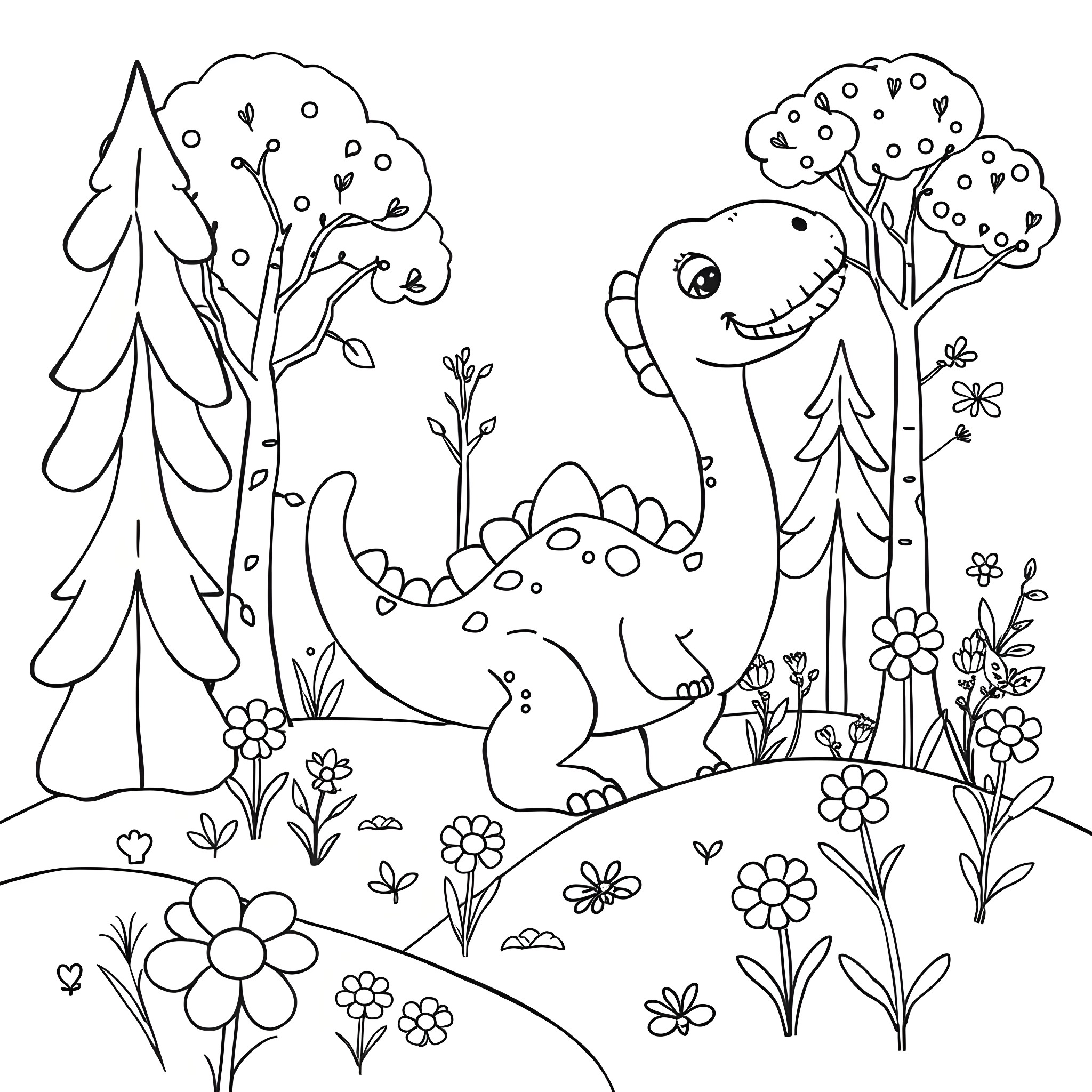 Dinosaur playing happily in a colorful forest scene Coloring Page (free black-and-white line drawing printable PDF for all, from beginners to advanced learners, including children, teens, adults, and seniors)