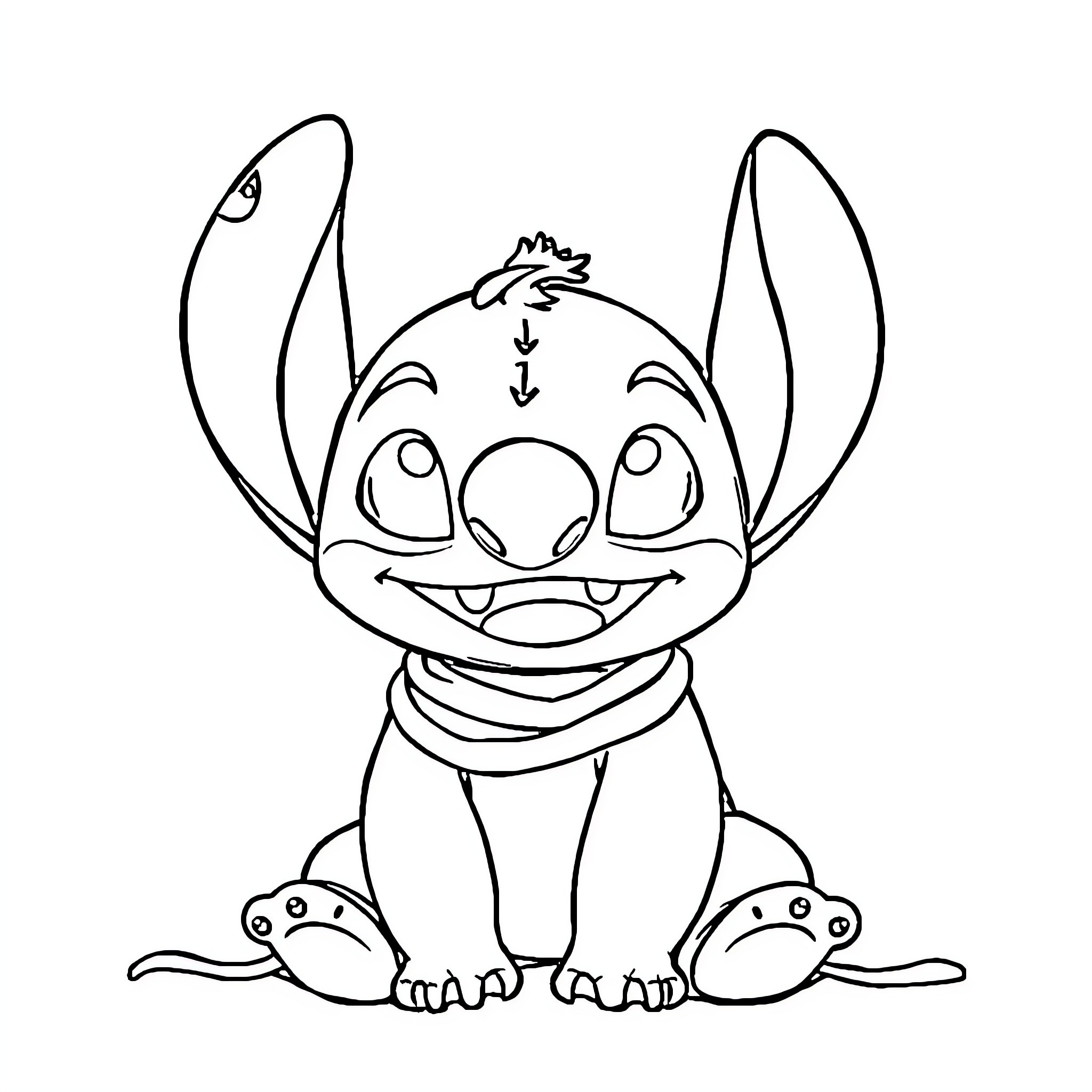 Stitch's Mischievous Grin Coloring Page (free black-and-white line drawing printable PDF for all, from beginners to advanced learners, including children, teens, adults, and seniors)