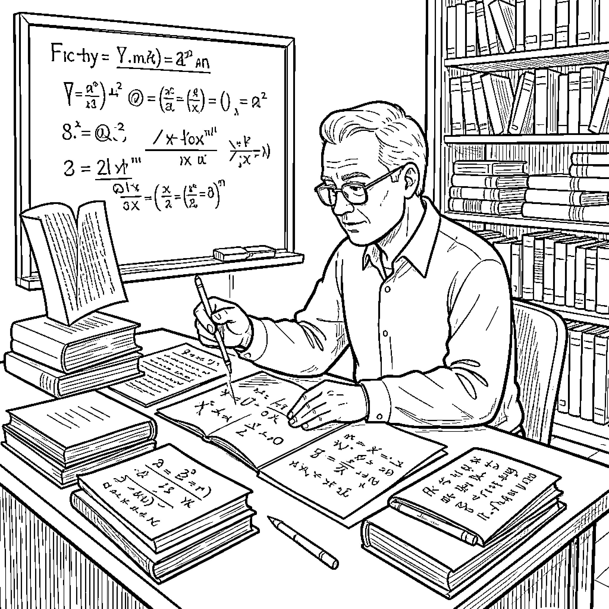 Mathematician working diligently on equations and research Coloring Page (free black-and-white line drawing printable PDF for all, from beginners to advanced learners, including children, teens, adults, and seniors)