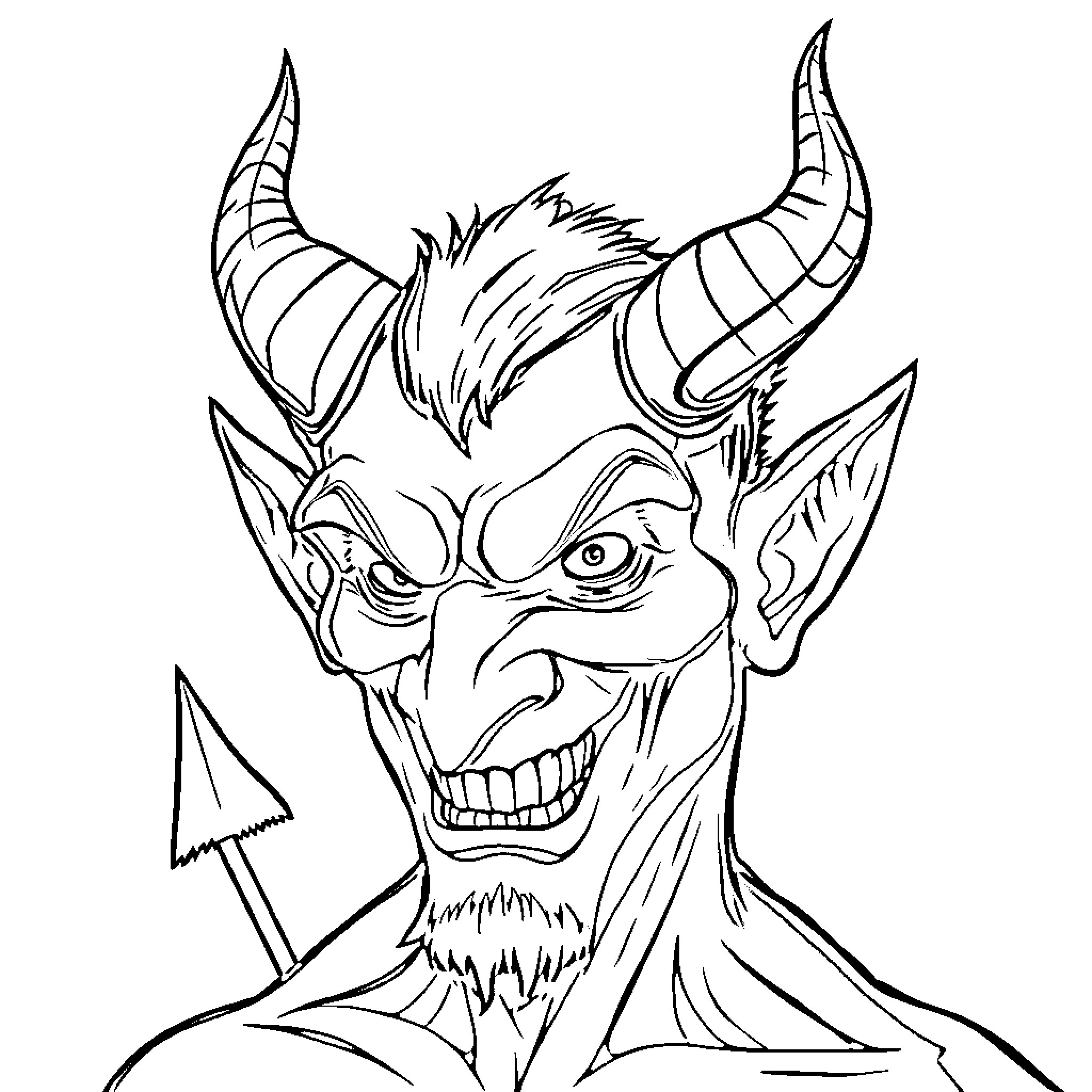 Devil with Horns, Fangs, and Sinister Grin Coloring Page (free black-and-white line drawing printable PDF for all, from beginners to advanced learners, including children, teens, adults, and seniors)