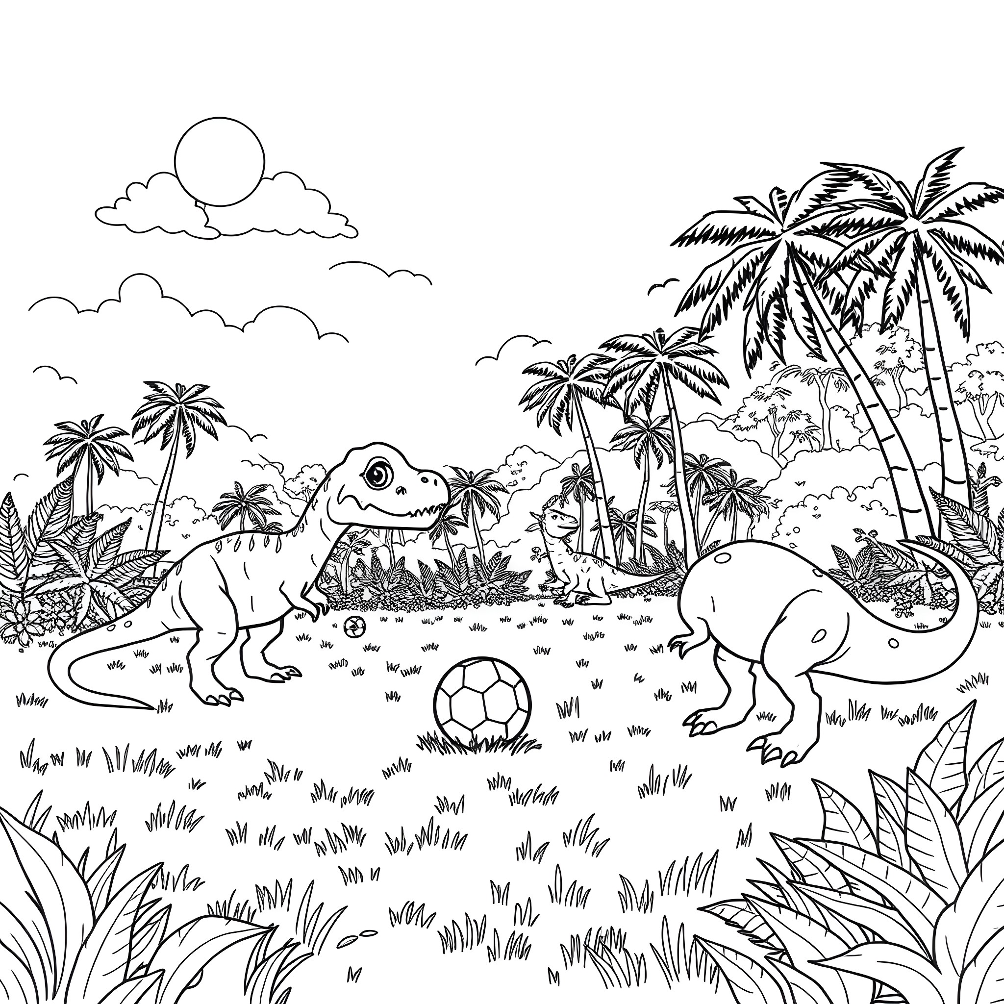Dinosaurs playing in tropical jungle landscape Coloring Page (free black-and-white line drawing printable PDF for all, from beginners to advanced learners, including children, teens, adults, and seniors)