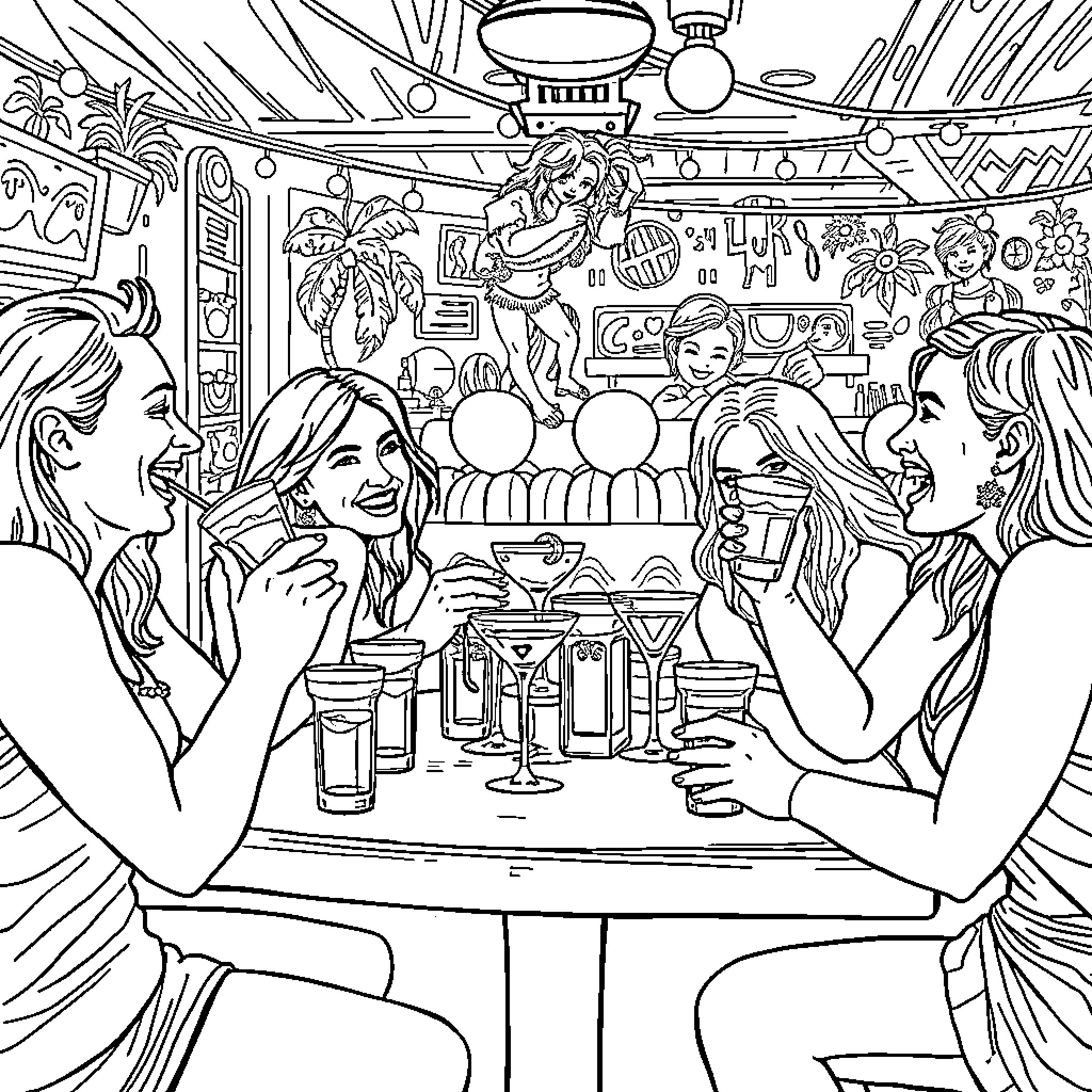 Tequila Party with Friends at Tropical Bar Coloring Page (free black-and-white line drawing printable PDF for all, from beginners to advanced learners, including children, teens, adults, and seniors)
