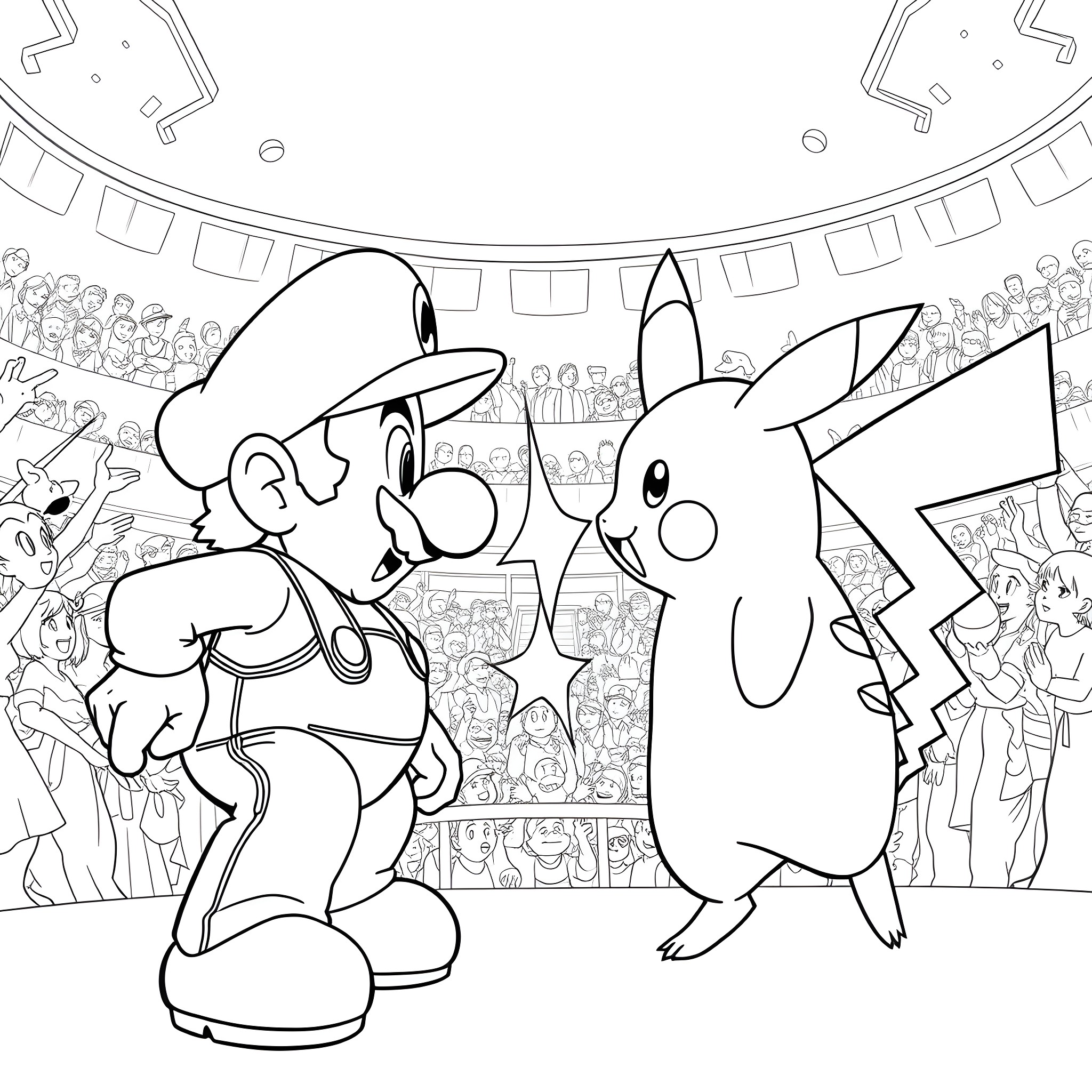Mario and Pikachu performing on stage Coloring Page (free black-and-white line drawing printable PDF for all, from beginners to advanced learners, including children, teens, adults, and seniors)
