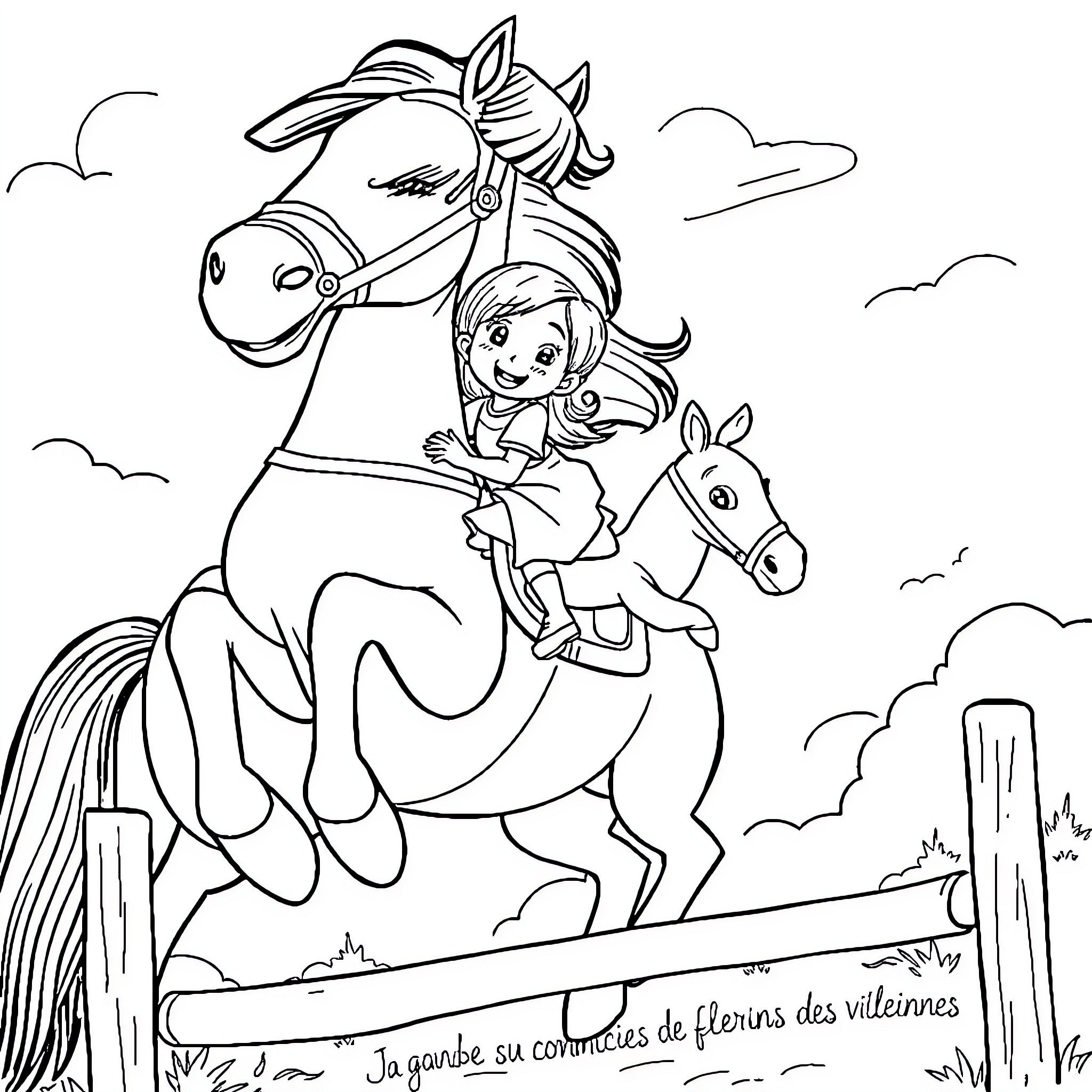 Girl riding a horse on a countryside scene Coloring Page (free black-and-white line drawing printable PDF for all, from beginners to advanced learners, including children, teens, adults, and seniors)