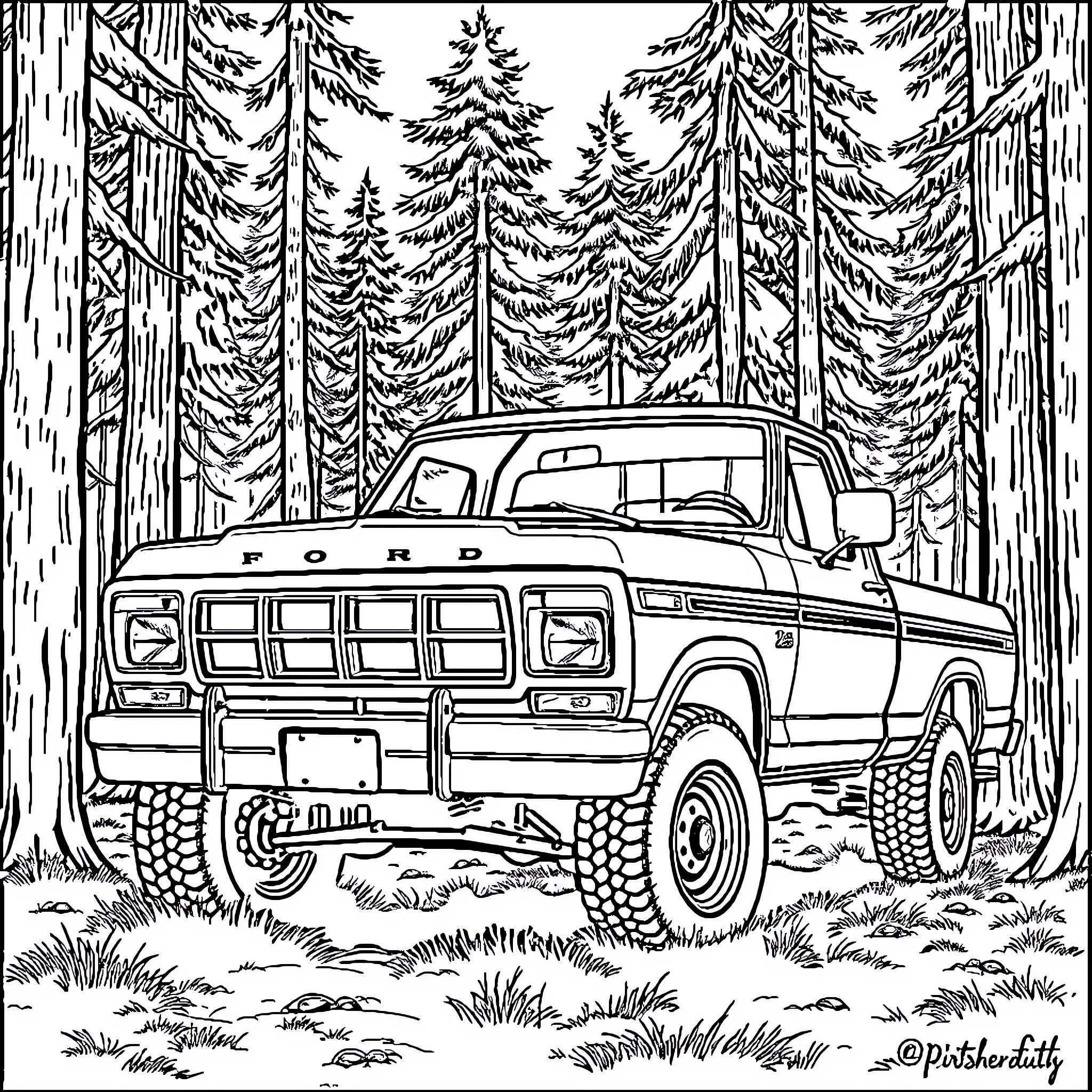 F250 truck traversing rugged forest terrain Coloring Page (free black-and-white line drawing printable PDF for all, from beginners to advanced learners, including children, teens, adults, and seniors)