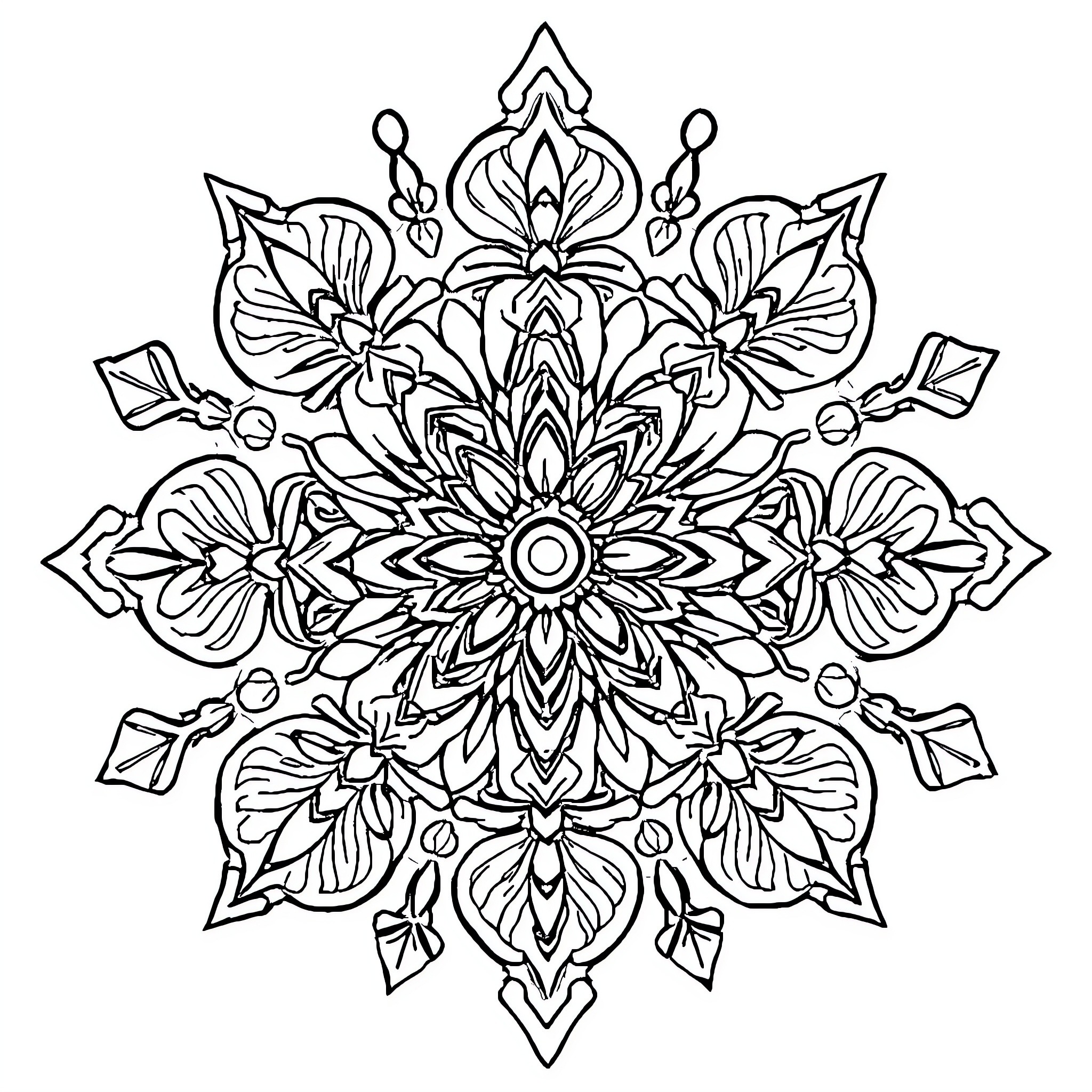 Mandalas featuring ornate floral patterns Coloring Page (free black-and-white line drawing printable PDF for all, from beginners to advanced learners, including children, teens, adults, and seniors)