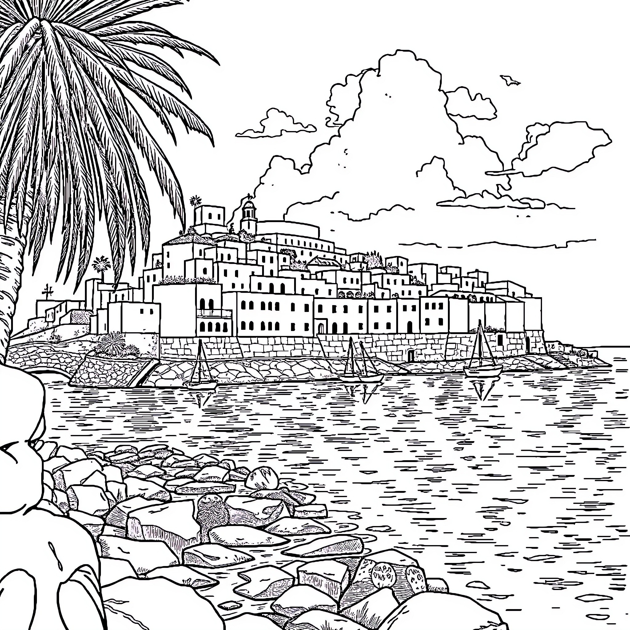 Malta: Coastal Town with Palm Tree and Cloudy Skies Coloring Page (free black-and-white line drawing printable PDF for all, from beginners to advanced learners, including children, teens, adults, and seniors)