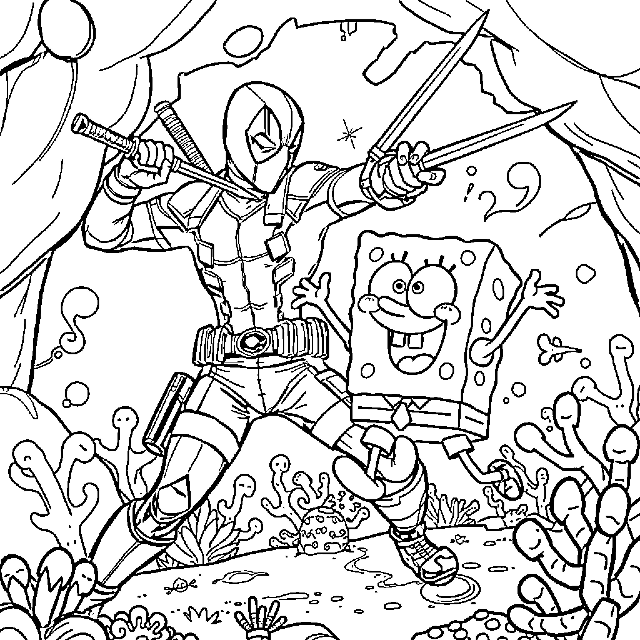 Deadpool in Underwater Adventure with SpongeBob Coloring Page (free black-and-white line drawing printable PDF for all, from beginners to advanced learners, including children, teens, adults, and seniors)