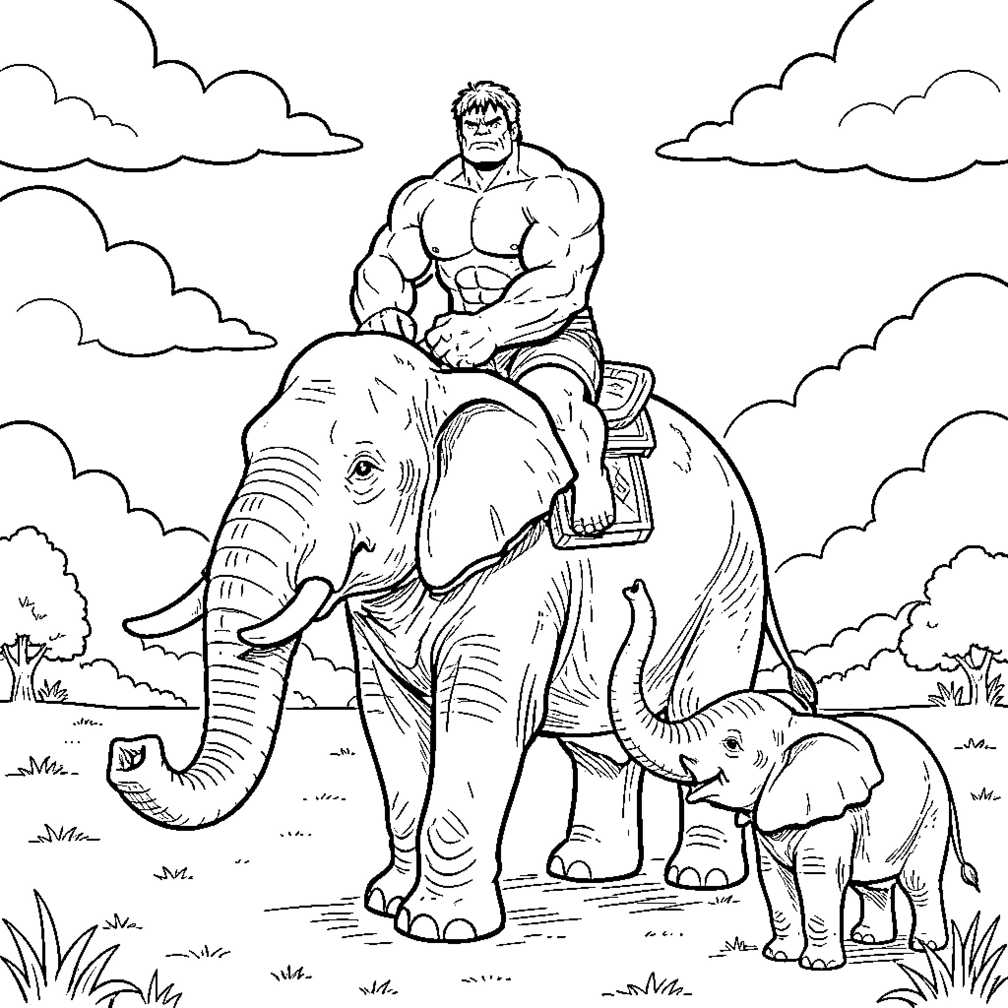 Hulk riding an elephant through the savanna Coloring Page (free black-and-white line drawing printable PDF for all, from beginners to advanced learners, including children, teens, adults, and seniors)