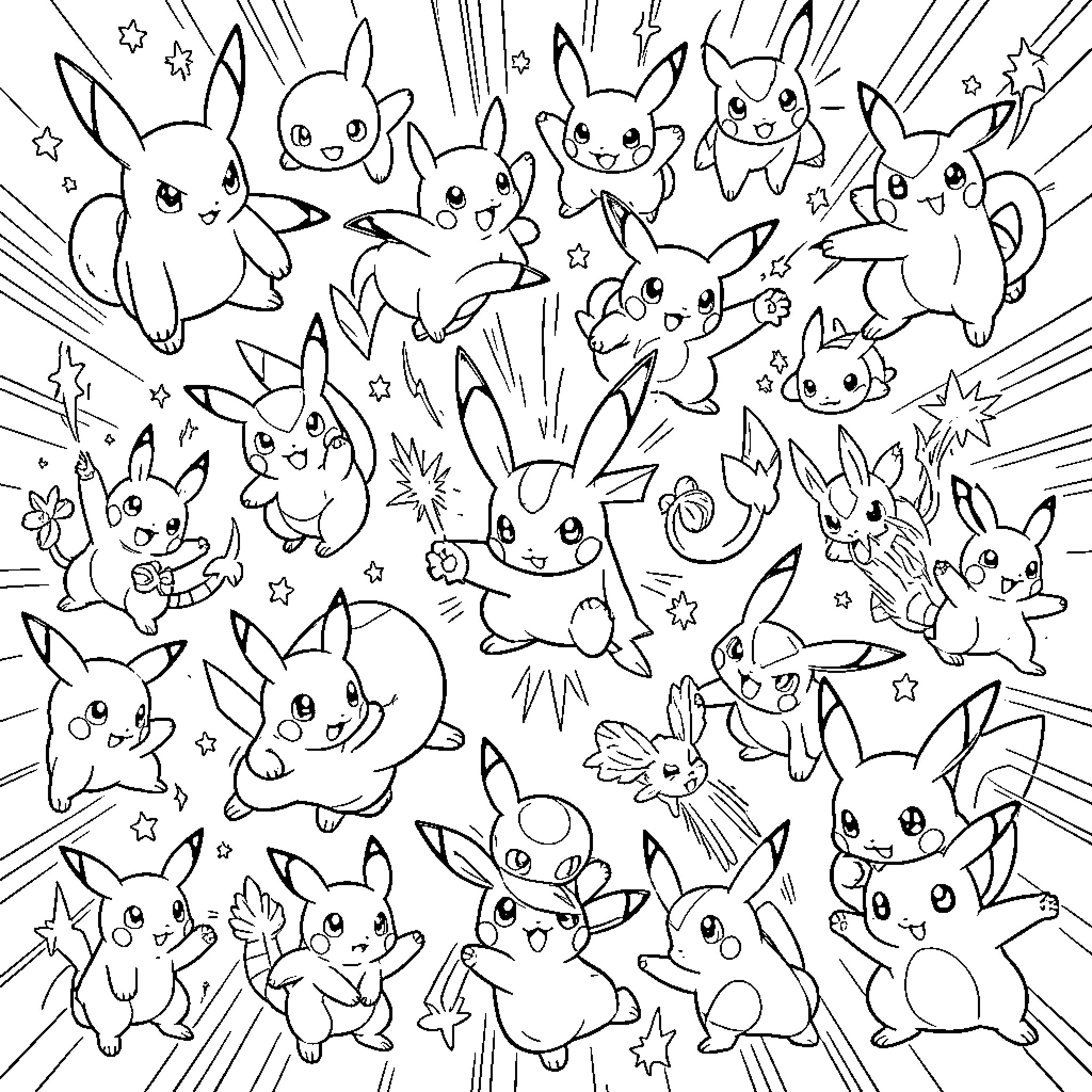 Pokémon Pikachu characters celebrating with joyful expressions and poses Coloring Page (free black-and-white line drawing printable PDF for all, from beginners to advanced learners, including children, teens, adults, and seniors)