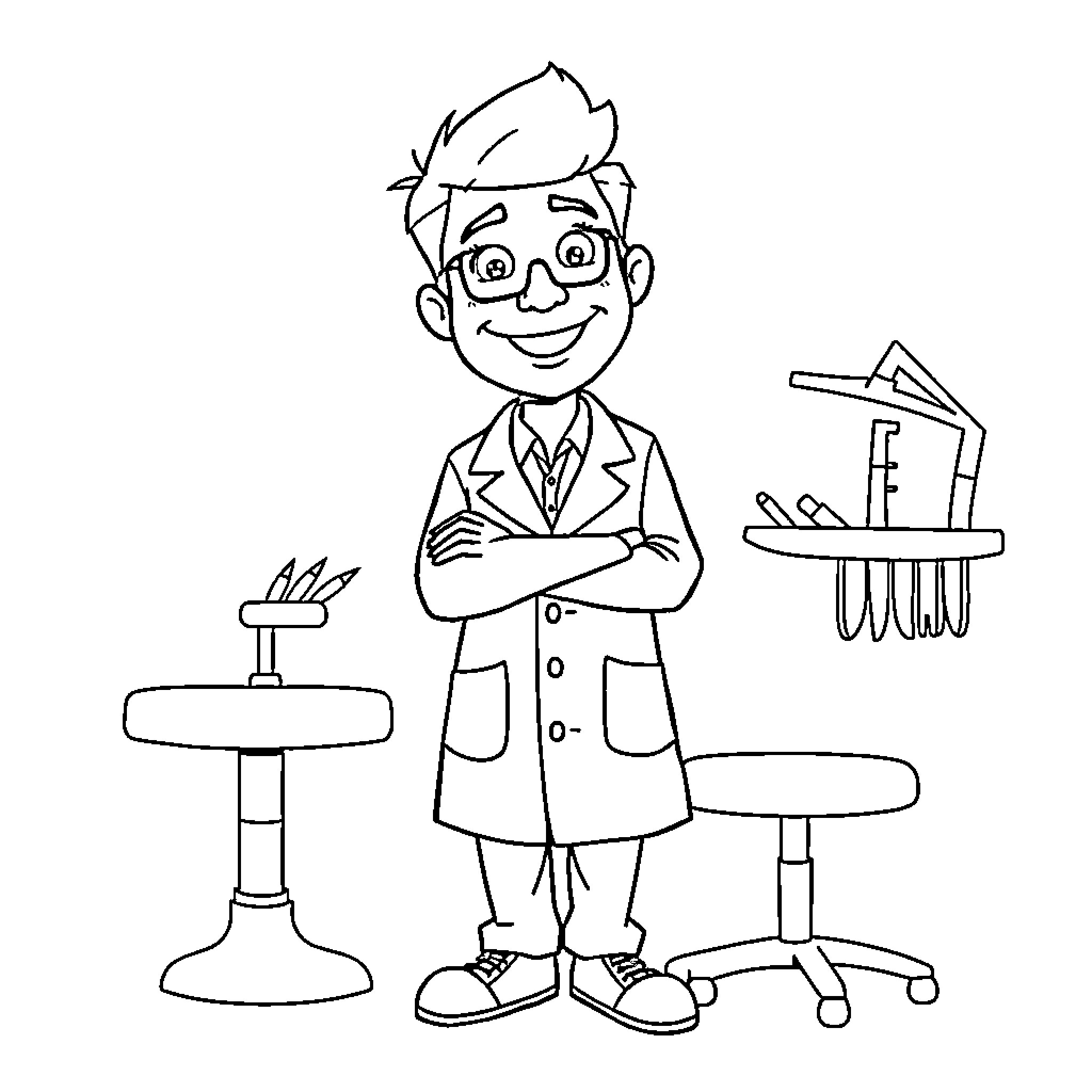 Dentist examining patient's teeth in office Coloring Page (free black-and-white line drawing printable PDF for all, from beginners to advanced learners, including children, teens, adults, and seniors)