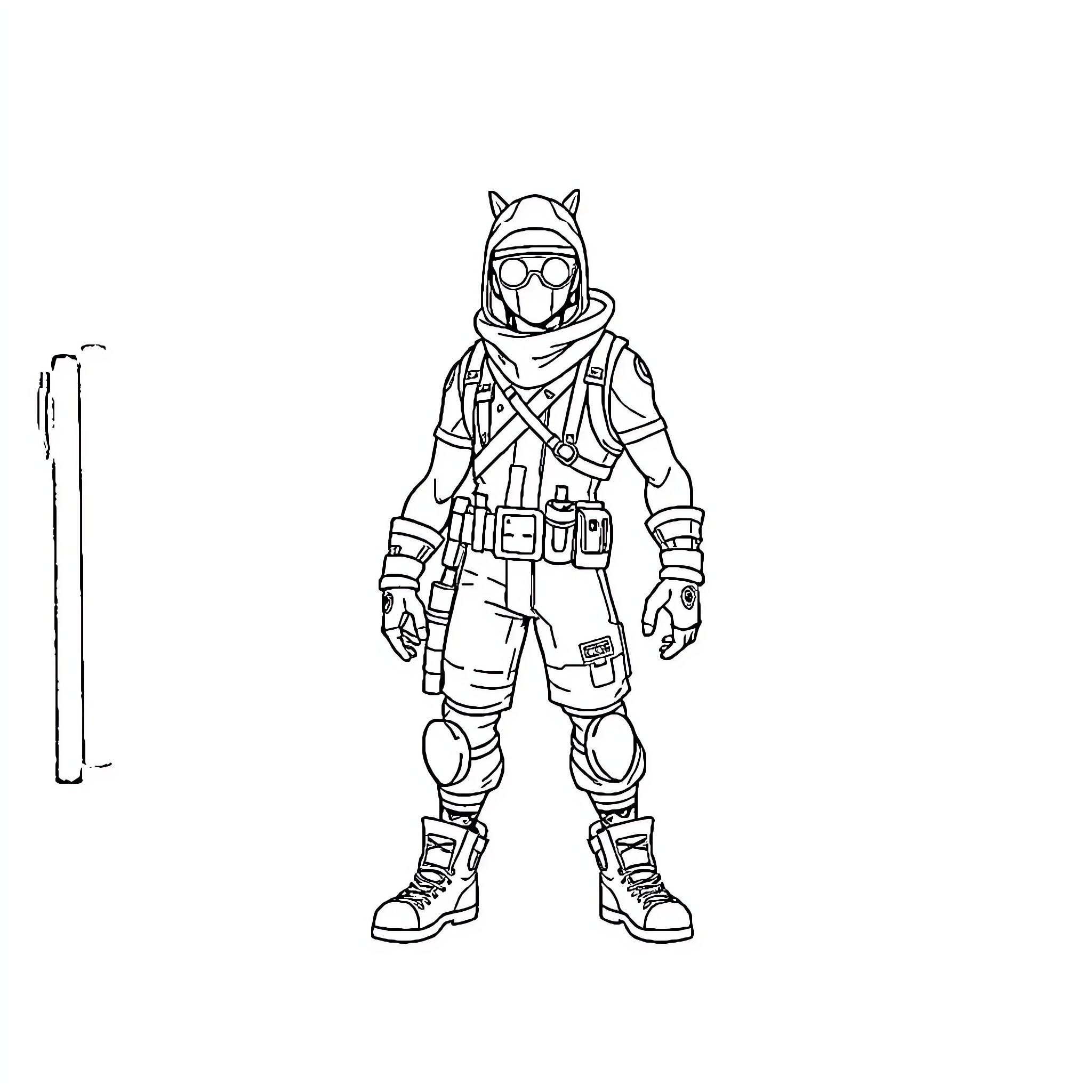 Fortnite Character in Tactical Gear Coloring Page (free black-and-white line drawing printable PDF for all, from beginners to advanced learners, including children, teens, adults, and seniors)
