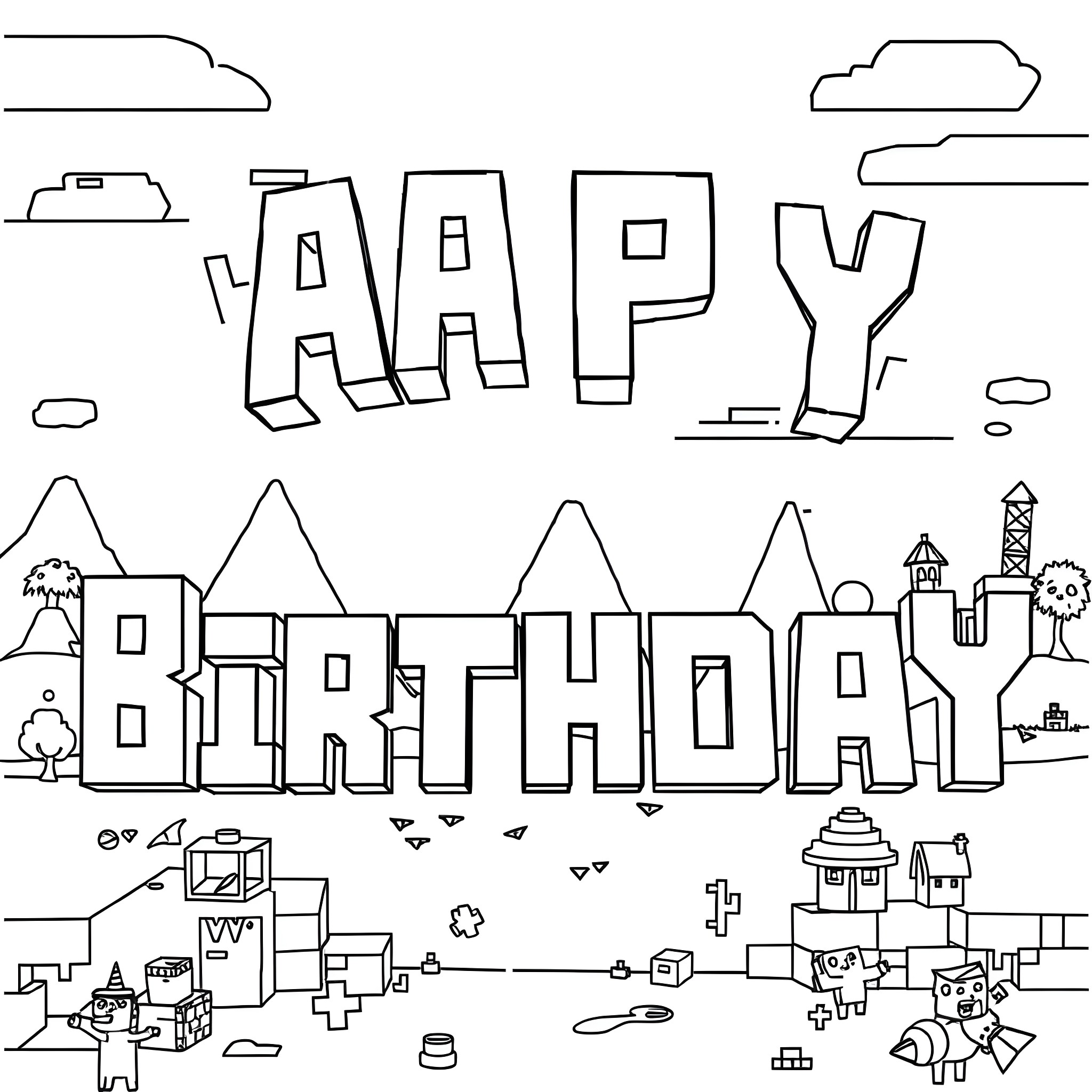 Birthday celebrations in the happy birthday town Coloring Page (free black-and-white line drawing printable PDF for all, from beginners to advanced learners, including children, teens, adults, and seniors)