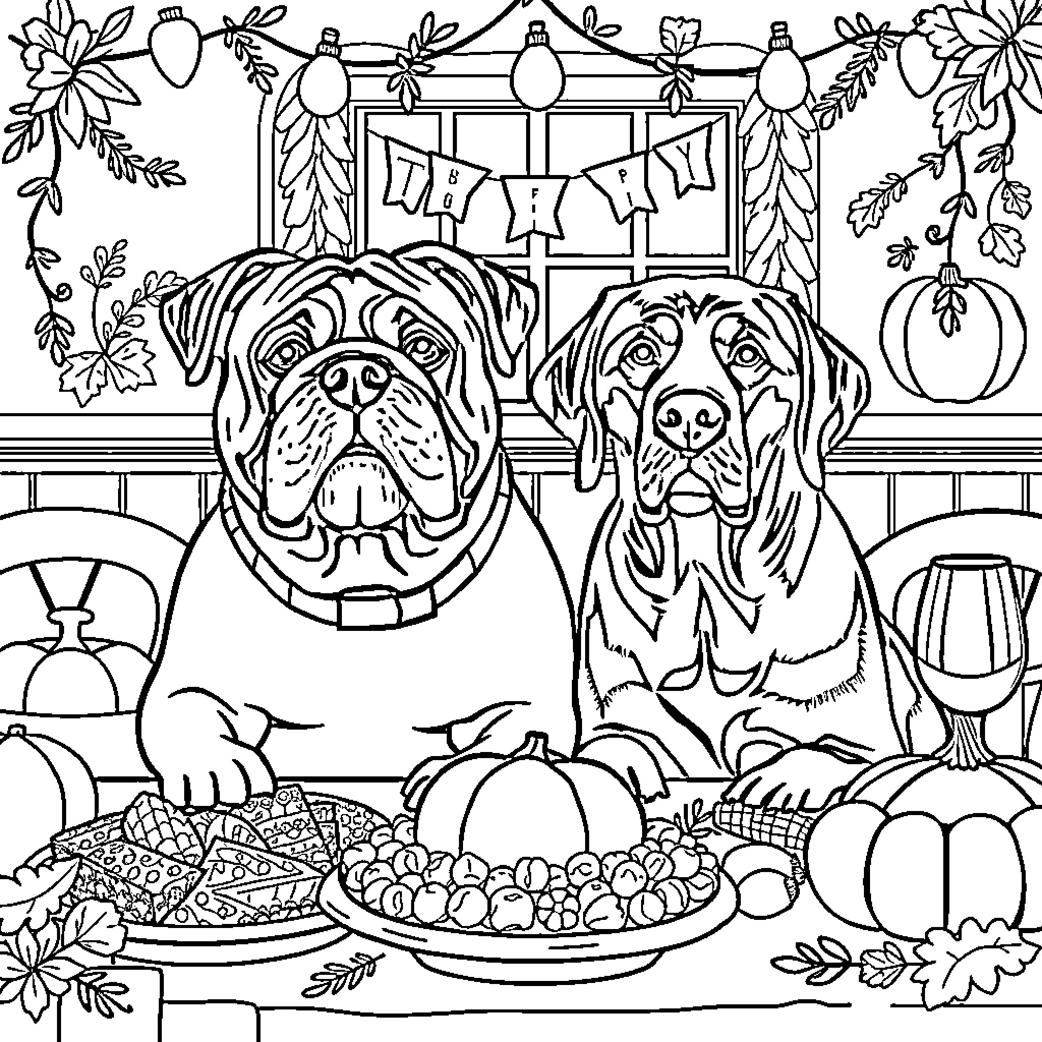 Dog Friends Celebrating Autumn Festivities Coloring Page (free black-and-white line drawing printable PDF for all, from beginners to advanced learners, including children, teens, adults, and seniors)