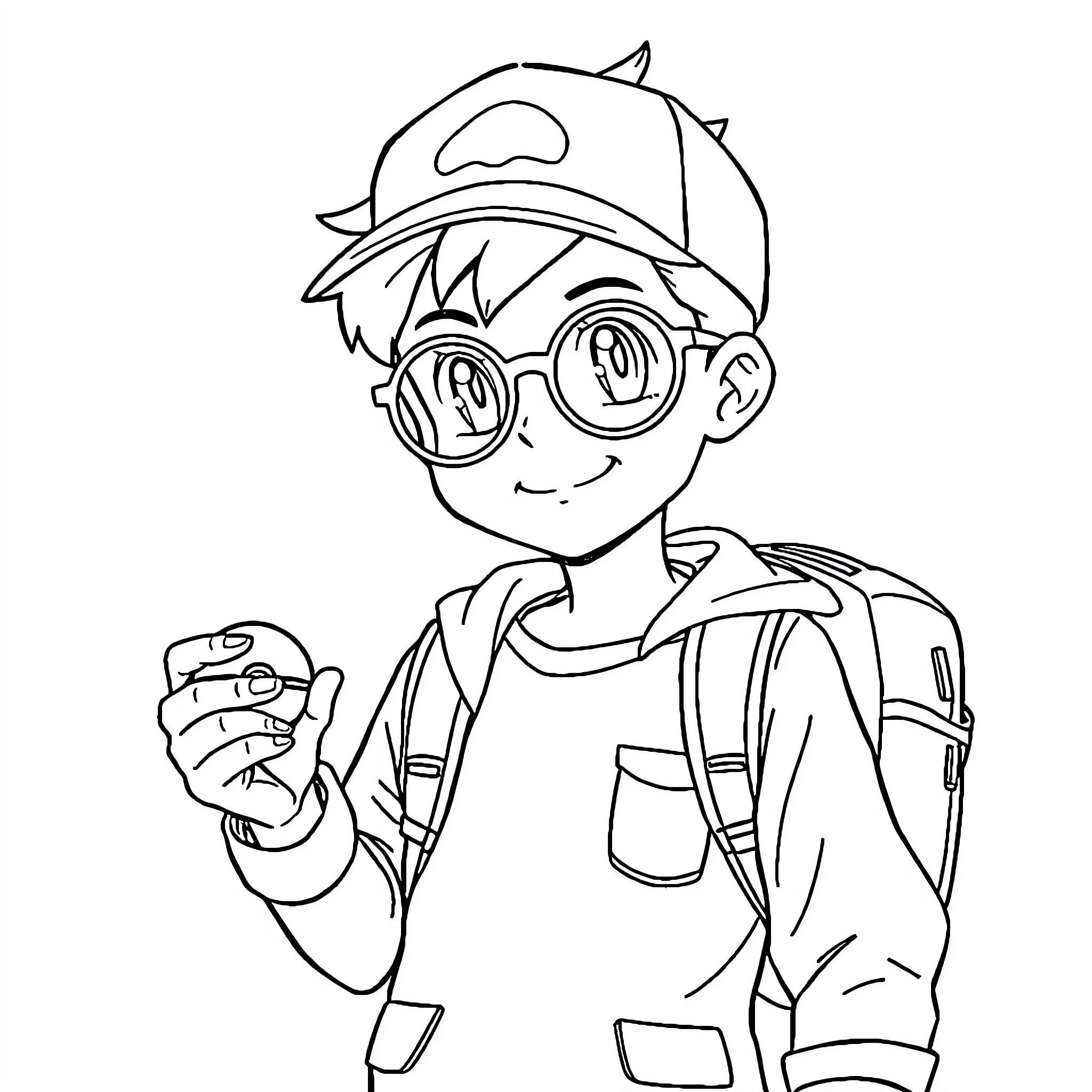 Pokemon Trainer Excited for Adventure Coloring Page (free black-and-white line drawing printable PDF for all, from beginners to advanced learners, including children, teens, adults, and seniors)