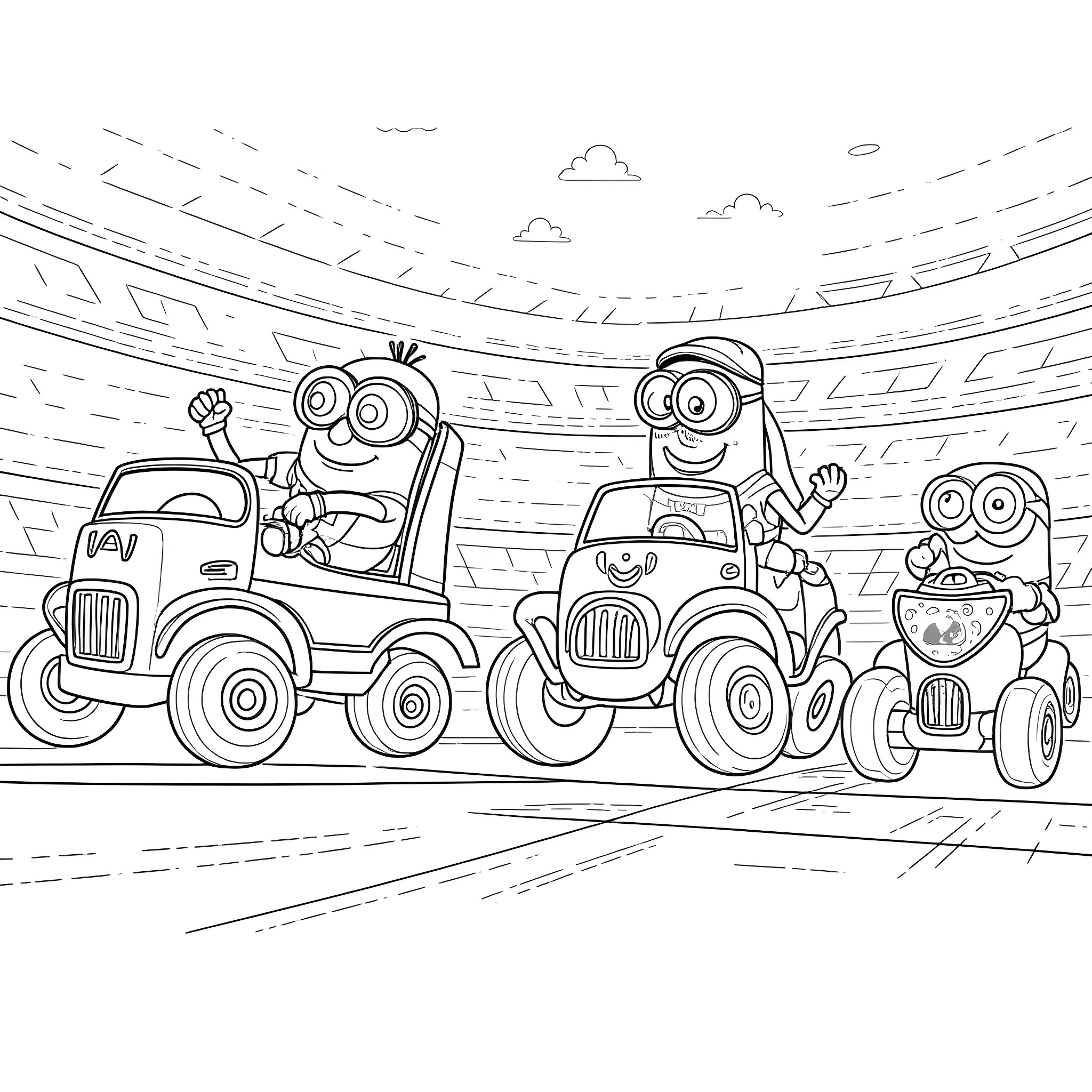 Minions having a fun race in vehicles Coloring Page (free black-and-white line drawing printable PDF for all, from beginners to advanced learners, including children, teens, adults, and seniors)