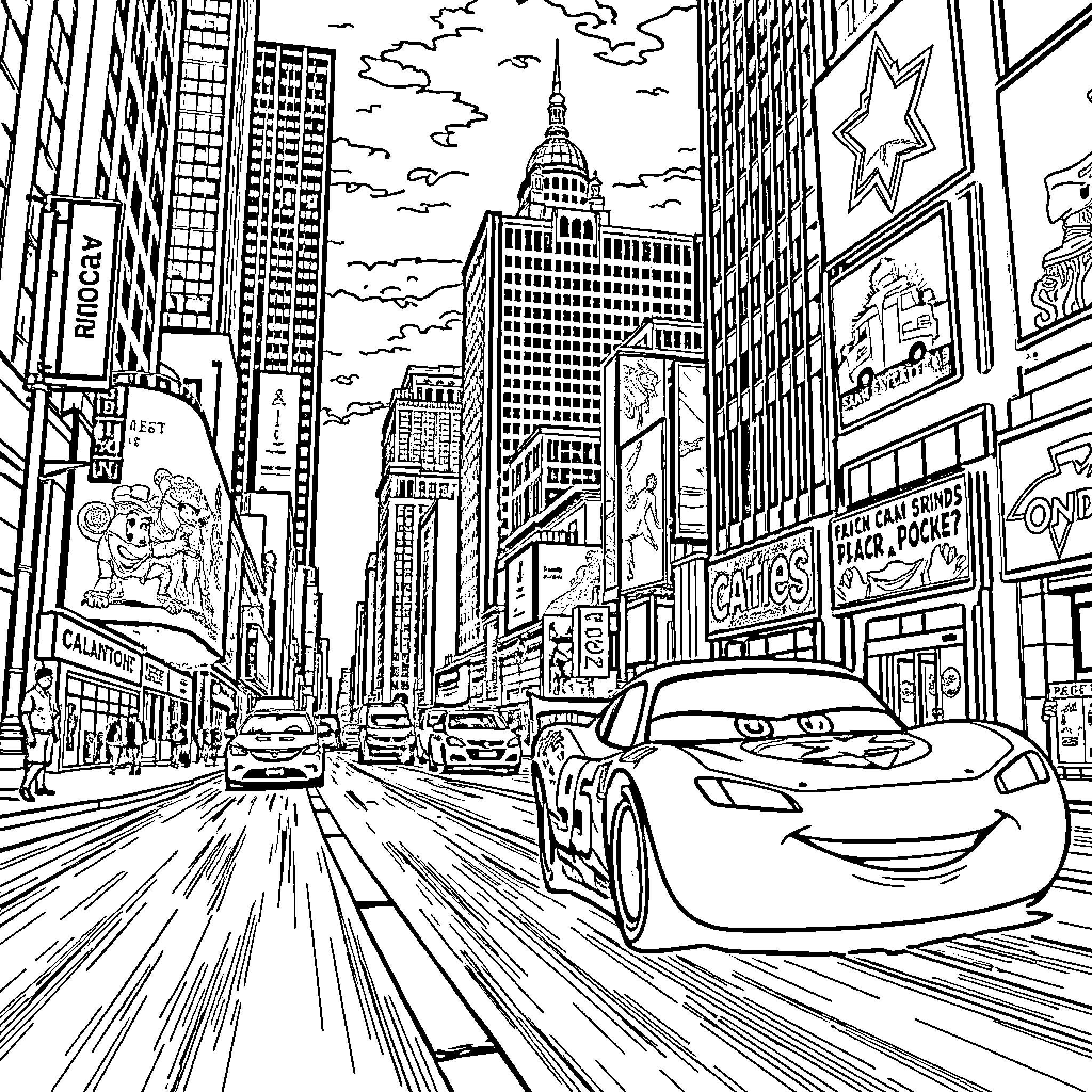 Lightning McQueen speeds through the bustling city streets Coloring Page (free black-and-white line drawing printable PDF for all, from beginners to advanced learners, including children, teens, adults, and seniors)