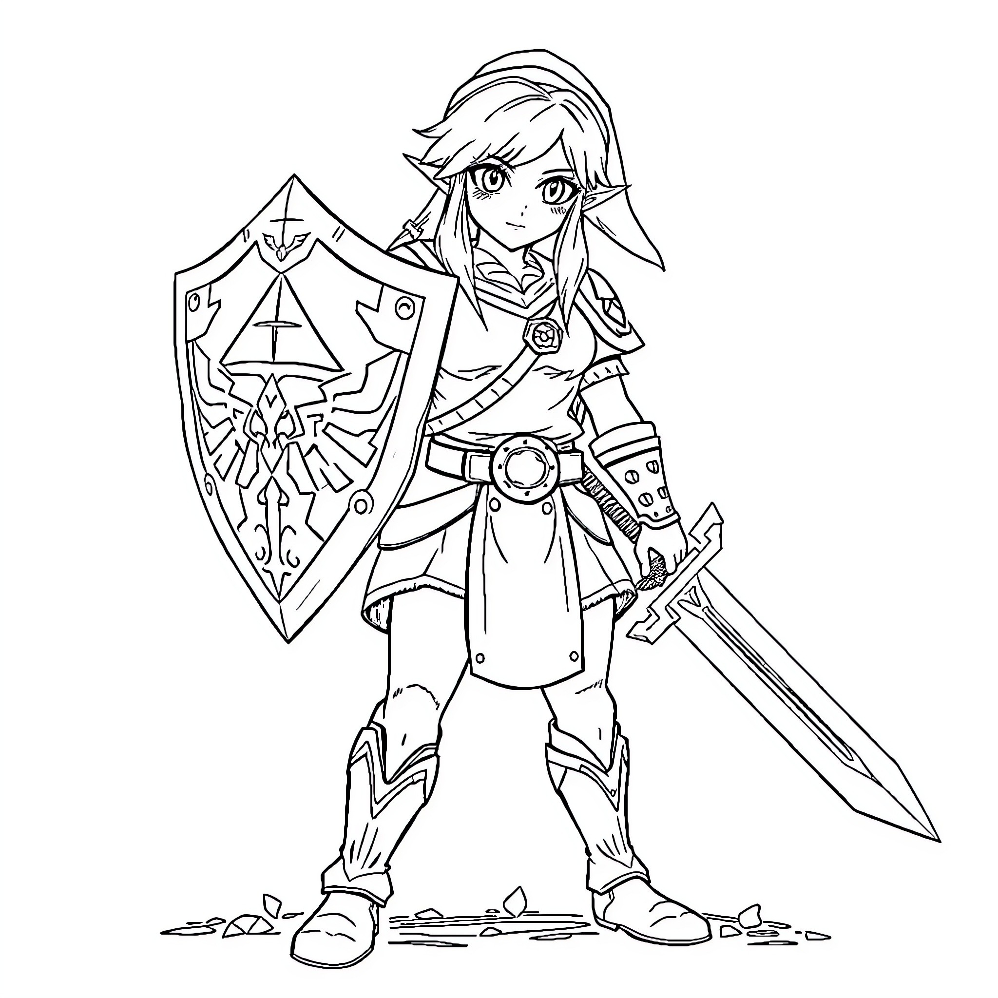 Zelda's Heroic Pose with Sword and Shield Coloring Page (free black-and-white line drawing printable PDF for all, from beginners to advanced learners, including children, teens, adults, and seniors)