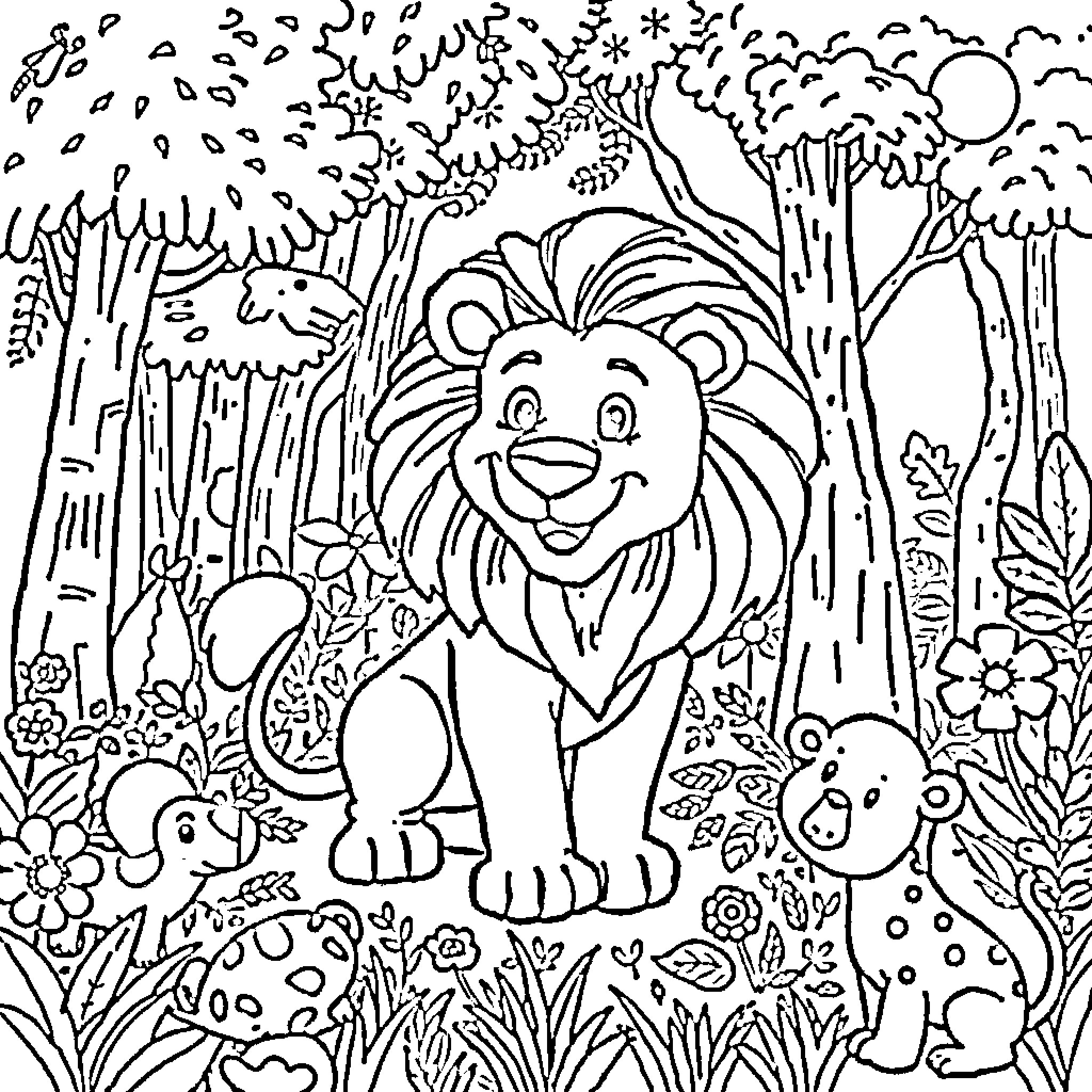 Lion enjoying nature with small animal friends Coloring Page (free black-and-white line drawing printable PDF for all, from beginners to advanced learners, including children, teens, adults, and seniors)