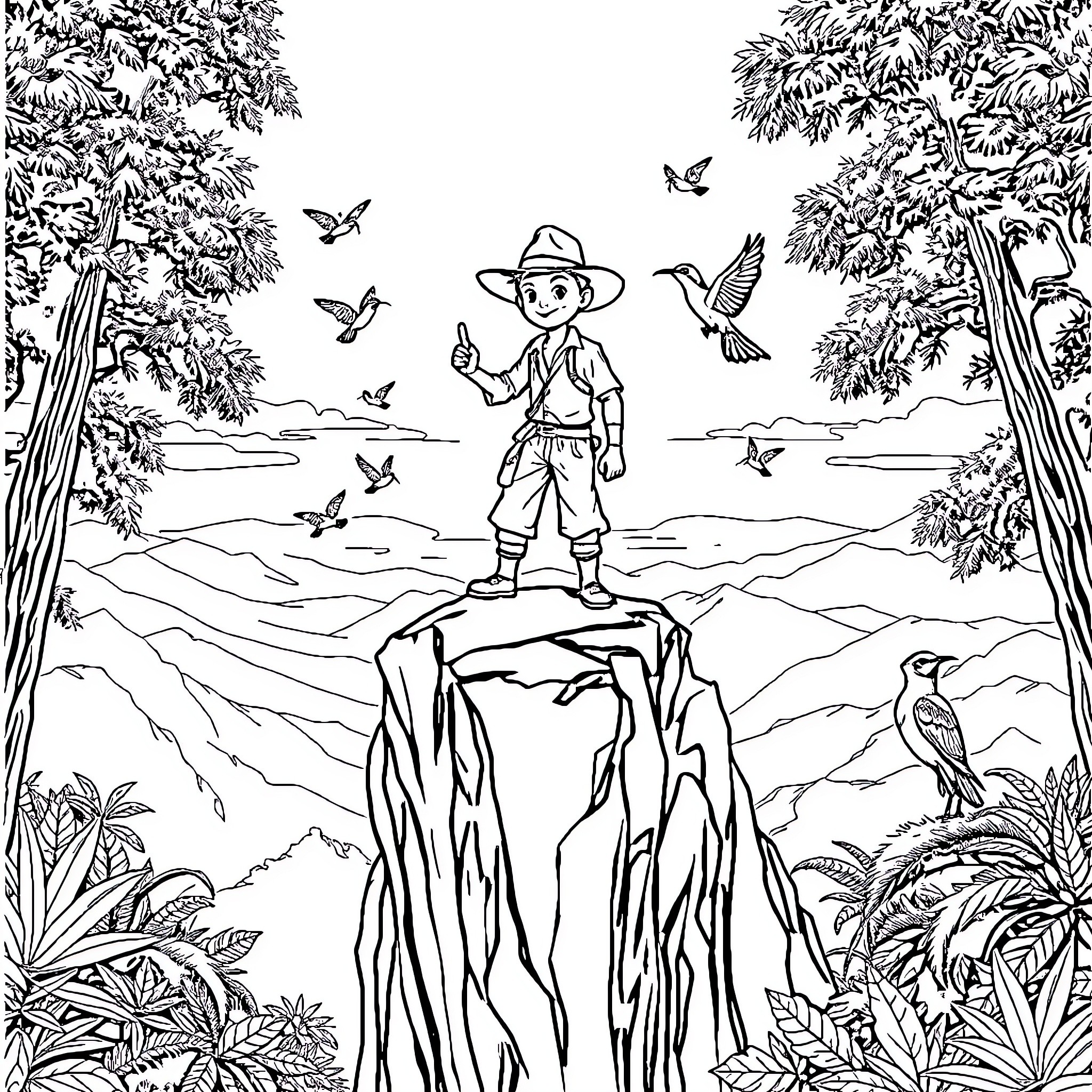 Adventurer Explores the Lush Wilderness Coloring Page (free black-and-white line drawing printable PDF for all, from beginners to advanced learners, including children, teens, adults, and seniors)