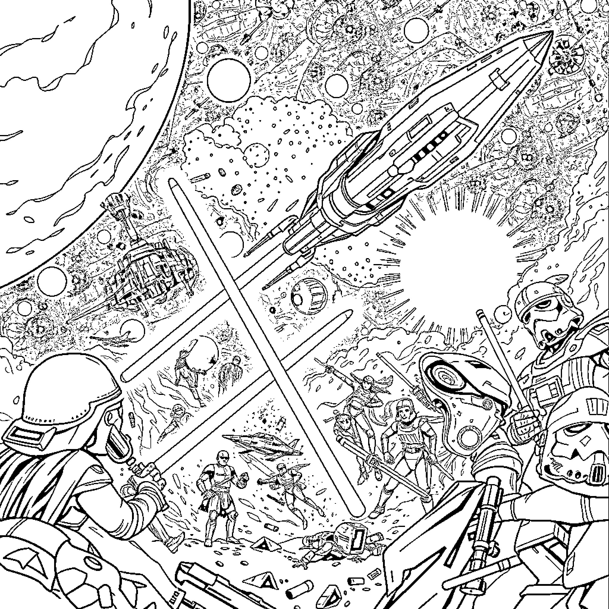Star Wars Interstellar Battle Scene Coloring Page (free black-and-white line drawing printable PDF for all, from beginners to advanced learners, including children, teens, adults, and seniors)