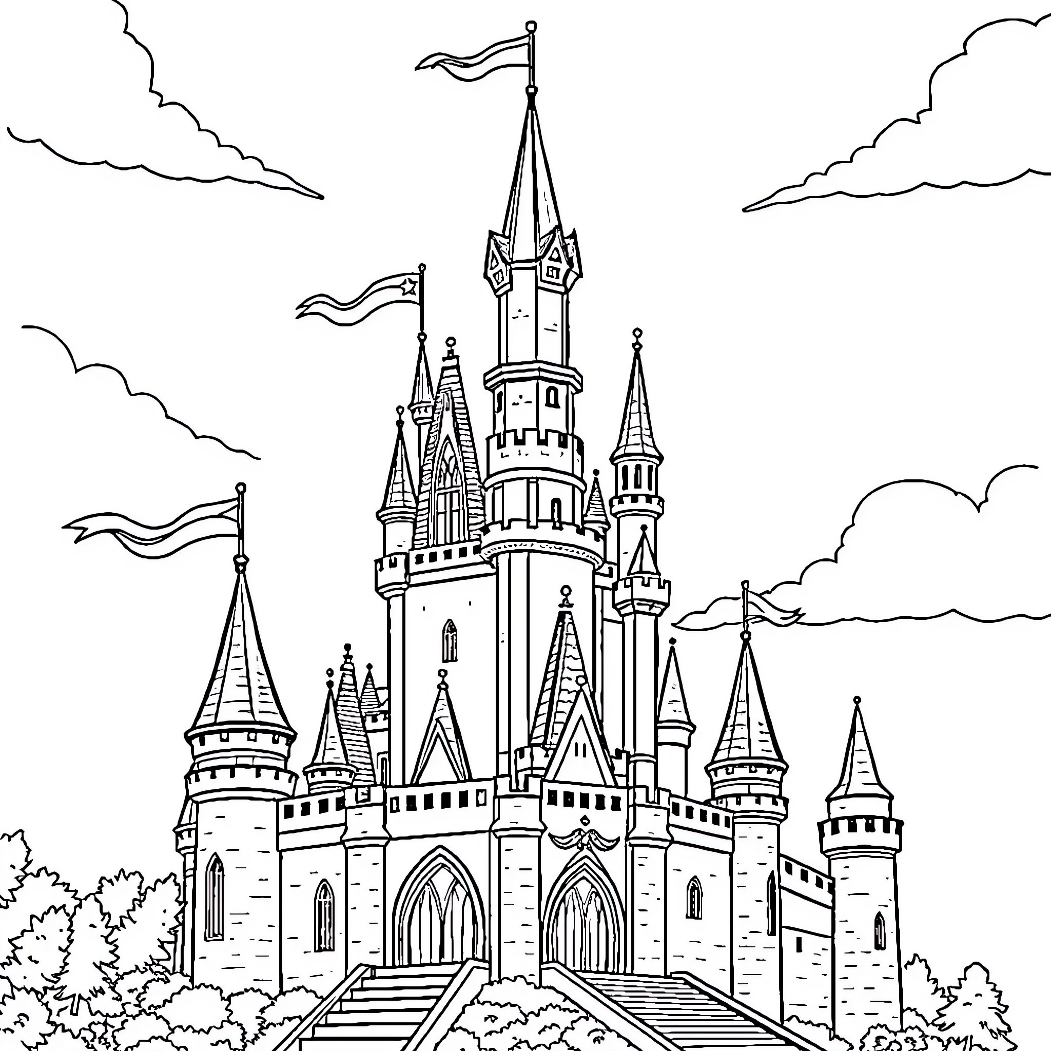 Castle with grand towers and flags in fantasy landscape Coloring Page (free black-and-white line drawing printable PDF for all, from beginners to advanced learners, including children, teens, adults, and seniors)