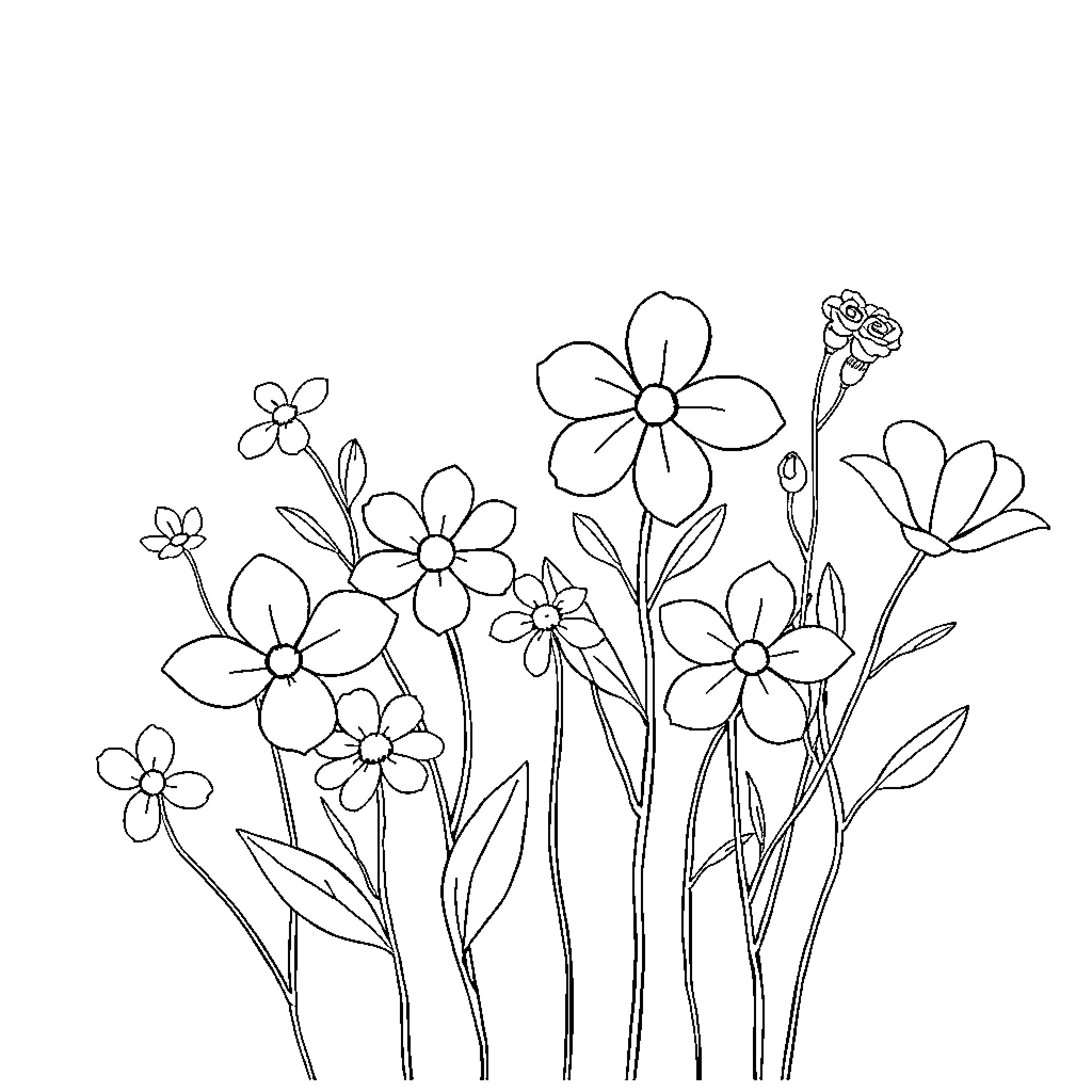 Flower garden with various blooming flowers Coloring Page (free black-and-white line drawing printable PDF for all, from beginners to advanced learners, including children, teens, adults, and seniors)