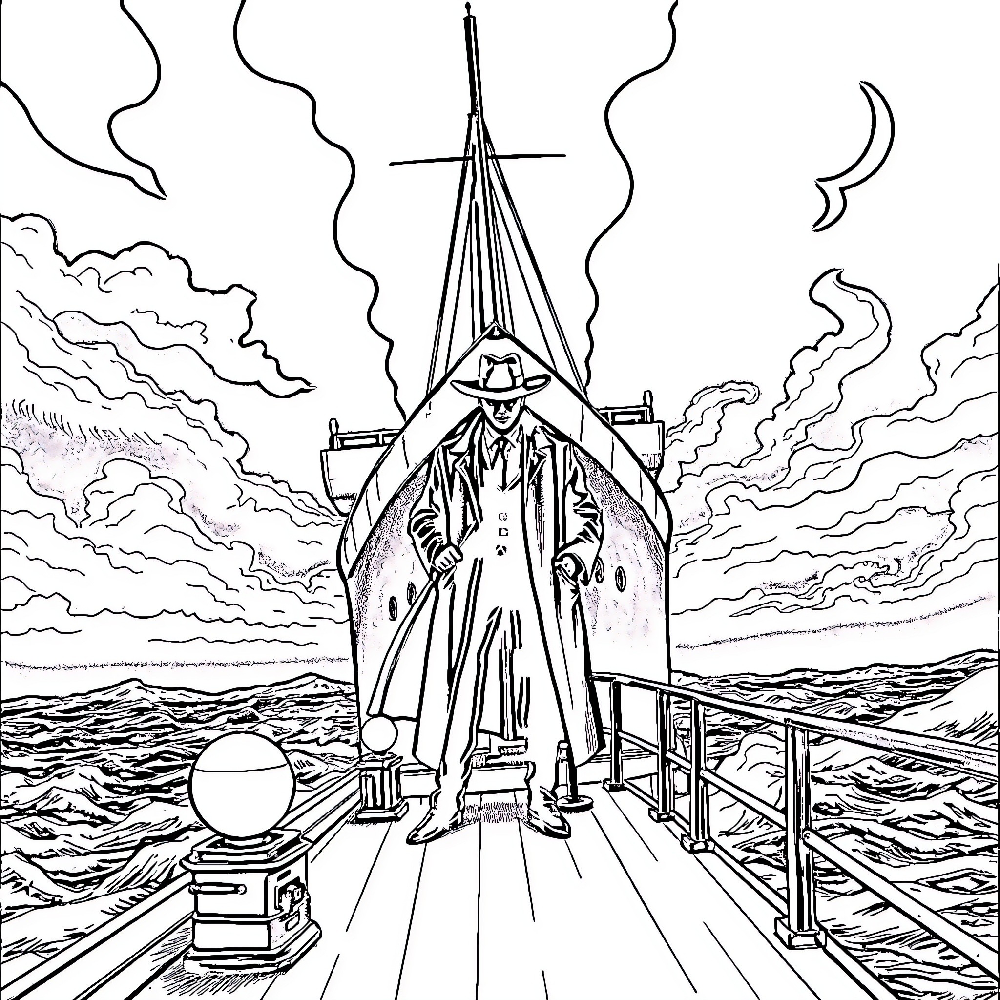Titanic Disaster: Passenger Facing the Stormy Sea Coloring Page (free black-and-white line drawing printable PDF for all, from beginners to advanced learners, including children, teens, adults, and seniors)
