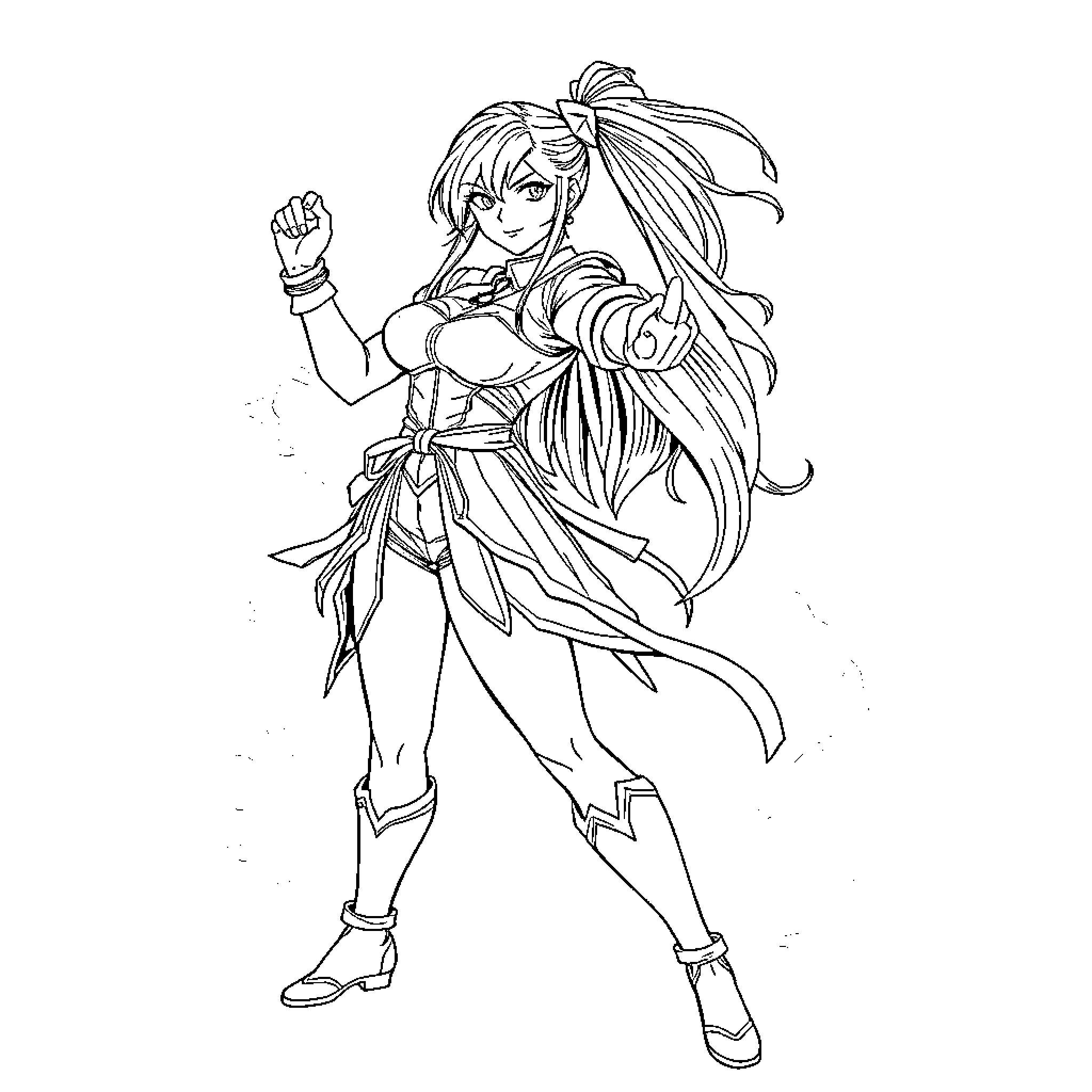 Mai Shiranui in a dynamic fighting pose Coloring Page (free black-and-white line drawing printable PDF for all, from beginners to advanced learners, including children, teens, adults, and seniors)