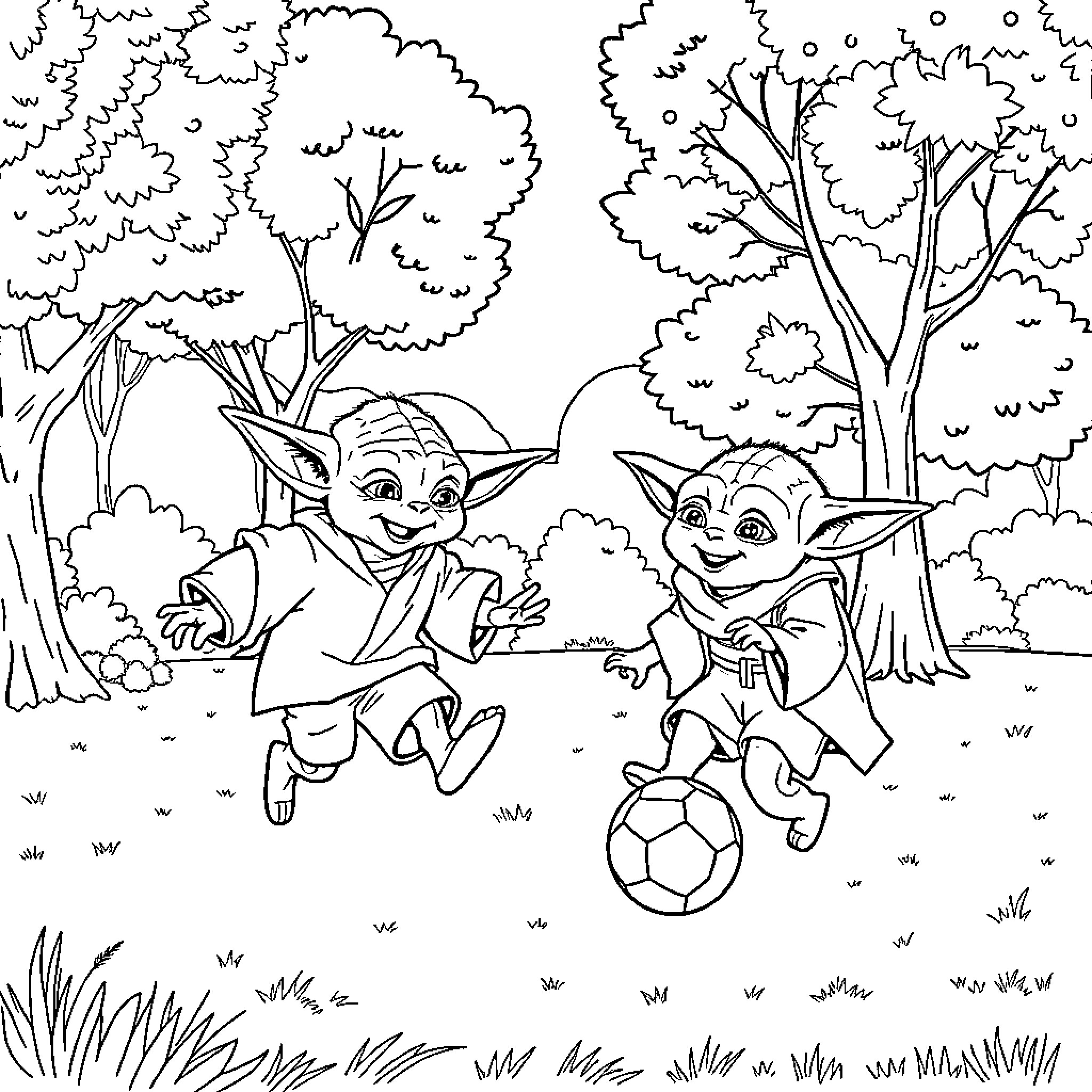 Yoda and Grogu playing in the forest Coloring Page (free black-and-white line drawing printable PDF for all, from beginners to advanced learners, including children, teens, adults, and seniors)
